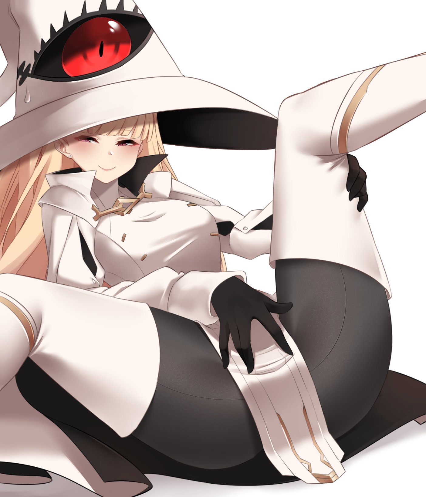 1girls, azuri909, bangs, blonde hair, breasts, earrings, eitri (fire emblem), female, female only, fire emblem, fire emblem heroes, gloves, long hair, looking at viewer, medium breasts, nintendo, on back, pantyhose, pelvic curtain, pink eyes, presenting, smile, solo, spread legs, witch, witch hat