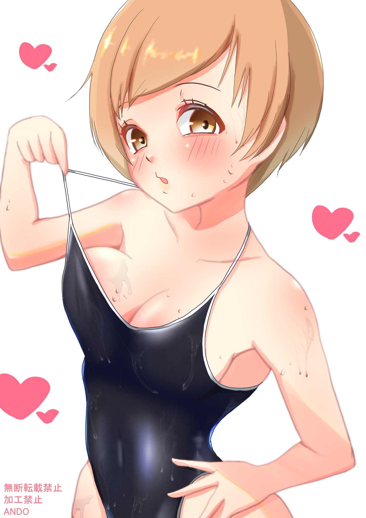 1girls, 2d, atlus, blush, bowl cut, cleavage, female, female only, hi res, human, human female, human only, light skin, light-skinned female, looking at viewer, one-piece swimsuit, persona, persona 4, pinup, satonaka chie, sega, solo, sweat, swimsuit