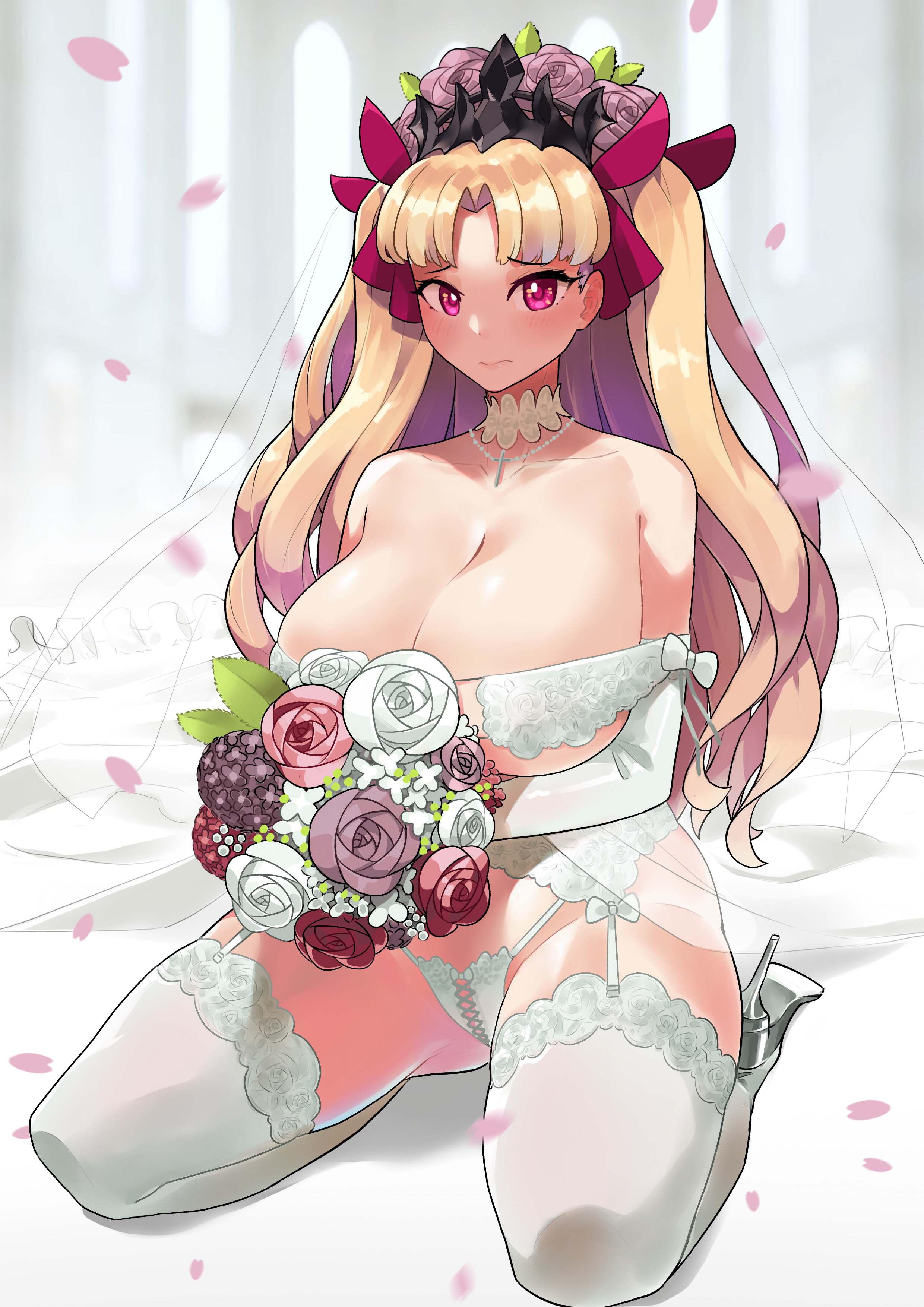 1girls, 2022, alternate breast size, blonde hair, blush, bouquet, breasts, bride, cleavage, deity, elbow gloves, embarrassed, ereshkigal (fate), fate (series), fate/grand order, female, female only, flowers, garter straps, gloves, goddess, hair ornament, heels, hi res, high heels, hips, holding object, huge breasts, indoors, kneeling, lingerie, long hair, monkey jon, panties, parted bangs, red eyes, slim waist, solo, thick thighs, thighhighs, thighs, twintails, veil, wedding lingerie, white elbow gloves, white gloves, white legwear, white lingerie, white thighhighs, wide hips
