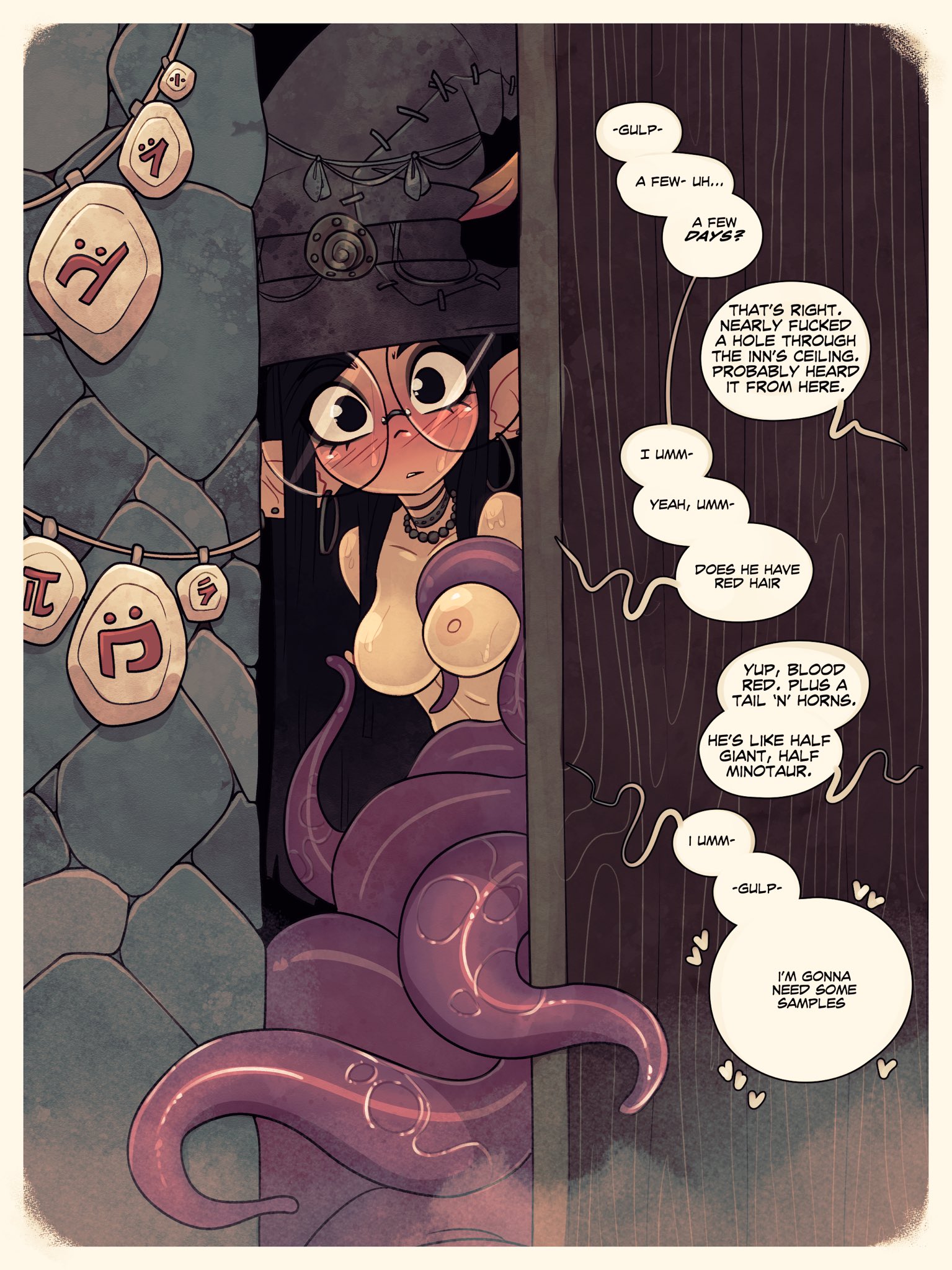 annali (rapscallion), black eyes, black hair, blush, blush lines, breast out, breasts, casual nudity, casual sex, choker, comic, comic panel, consensual tentacles, dialogue, ear piercing, earring, earrings, elf, elf female, elf girl, female, glasses, interrupted, jack cayless, pierced ears, piercing, piercings, speech bubble, sweat, sweatdrop, sweating, sweaty, sweaty body, sweaty breasts, tentacle, tentacle on breast, tentacles, text, text bubble, wet tentacles, witch, witch hat
