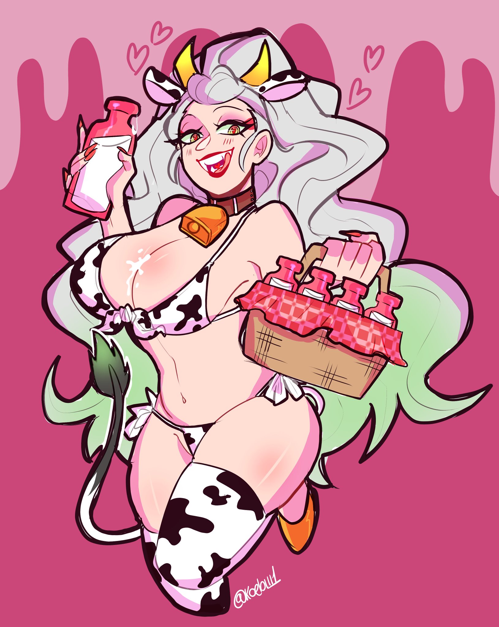 alternate costume, bbeetleko, big breasts, bikini, breasts, cleavage, collar, cow bikini, cow ears, cow girl, cow horns, cow print, cow print thighhighs, cow tail, cowbell, daki (kimetsu no yaiba), demon, demon girl, demon slayer, eyeshadow, fangs, female, female only, gradient hair, kimetsu no yaiba, licking lips, long hair, looking at viewer, milk, nail polish, open mouth, pink background, red nails, sharp fingernails, smile, solo, thighhighs, two-tone hair, white hair