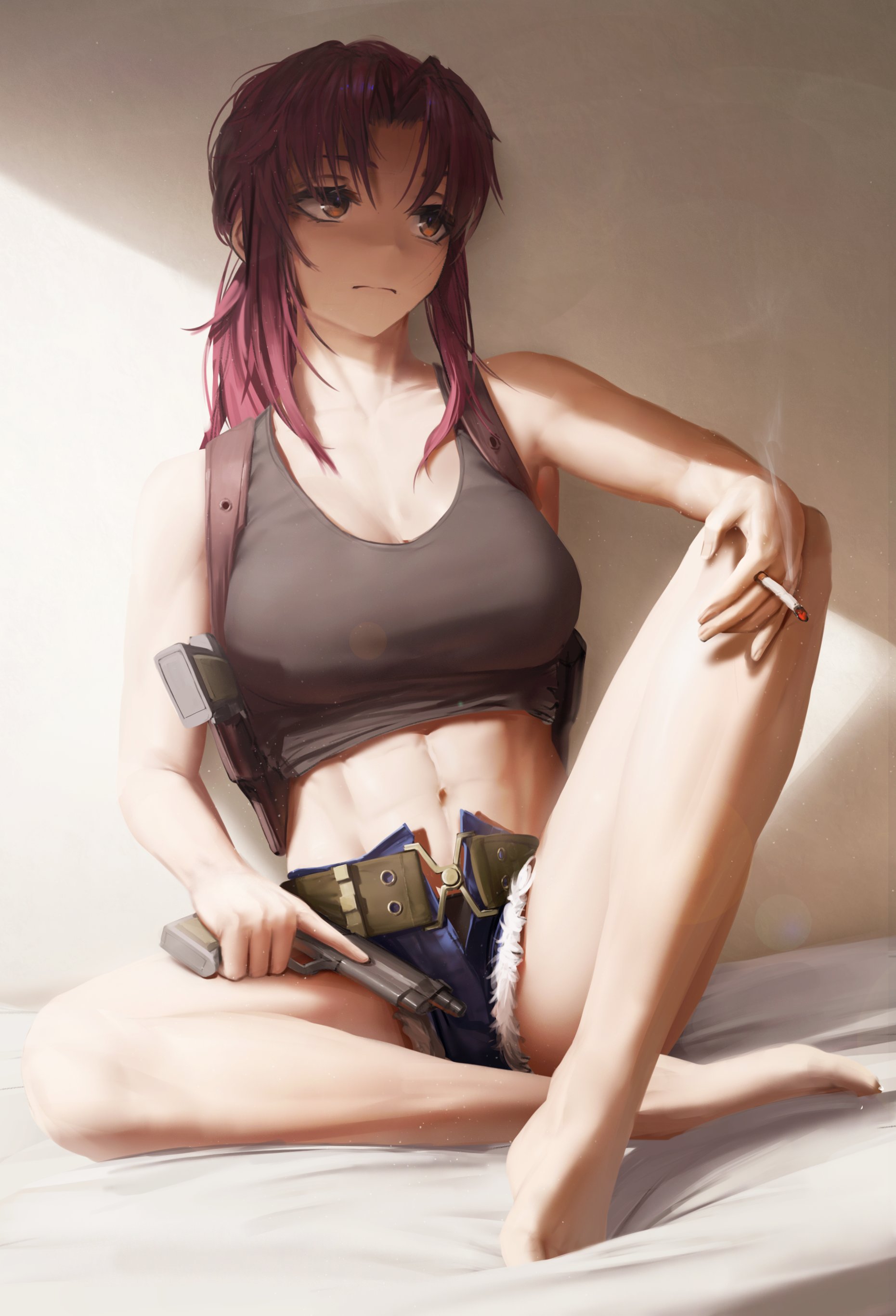 1girls, abs, armpits, belly, belly button, black lagoon, breasts, cigarette, female, female only, fit, fully clothed, gun, huge breasts, large breasts, legs, numanoan, pistol, revy, shorts, smoke, smoking, solo, tank top, thick, thighs, tummy, wine colored hair