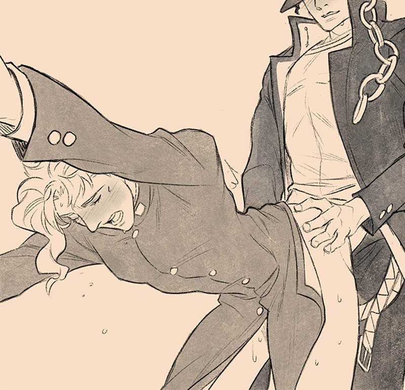 2boys, anal, anal sex, artist request, blush, blushing, bottomless, clothed sex, gay, grabbing ass, jojo's bizarre adventure, jotaro kujo, male, male focus, male only, male penetrated, male penetrating male, male/male, noriaki kakyoin, pants down, stardust crusaders, yaoi