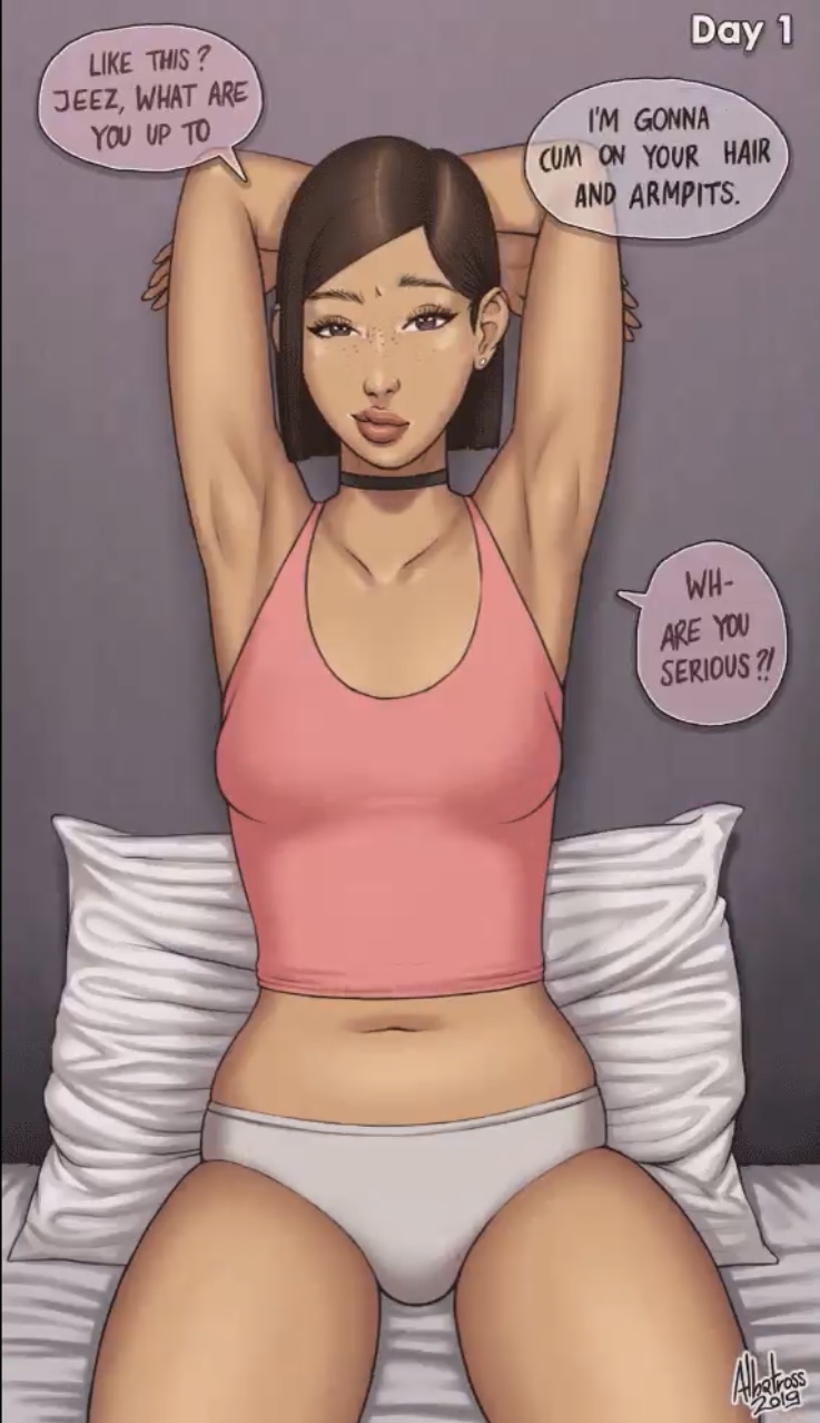 1boy, 1girls, albatross (artist), armpits, bimbo, bimbofication, breasts, bulge, cum, female, female focus, futa transformation, futanari, intersex, male, small breasts, transformation