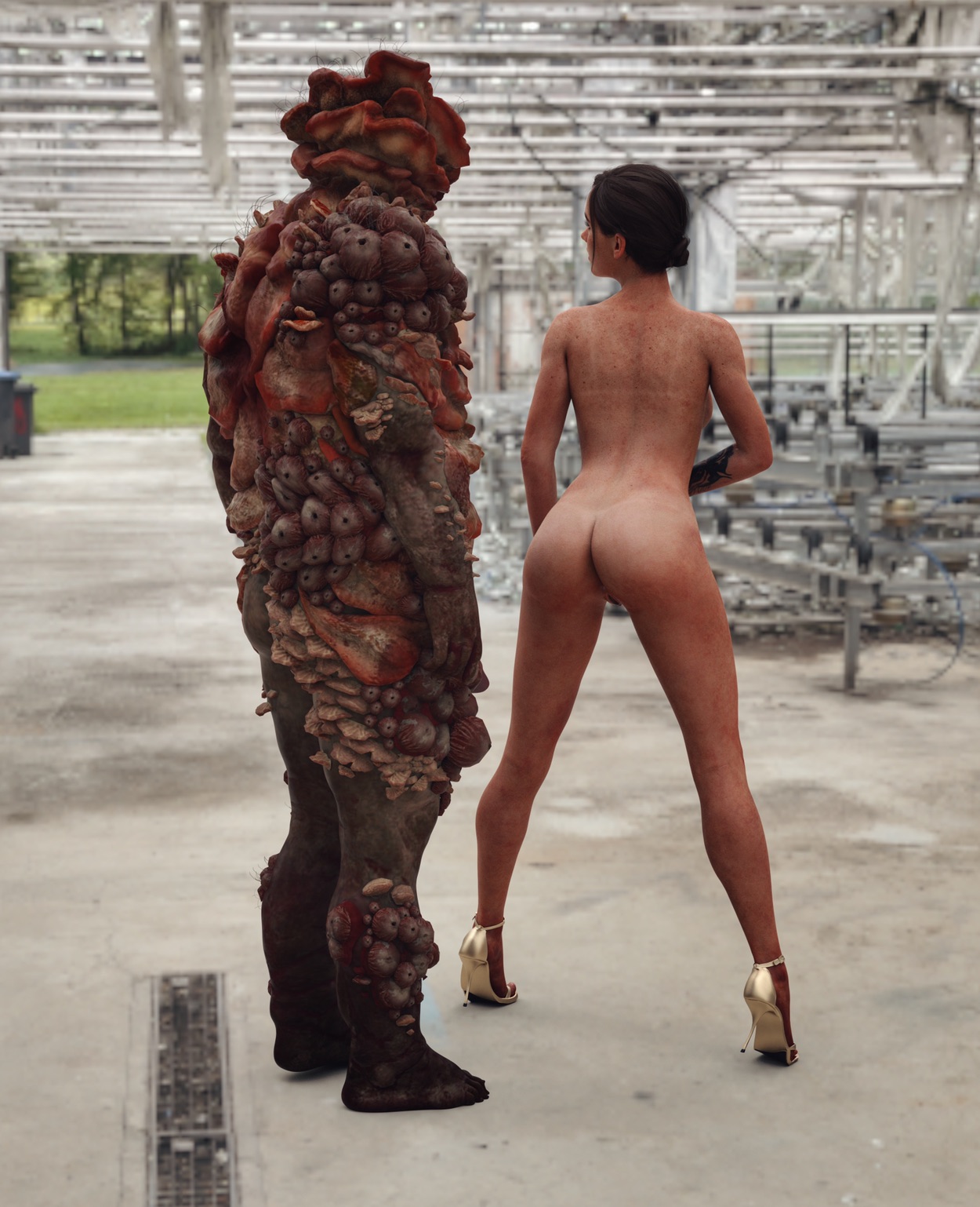 1boy, 1girls, 3d, ass, bloater (the last of us), brown hair, cybertemptation, ellie (the last of us), ellie williams, eyeless, female, female human, female human/male monster, fungus, genitals, hair, high heels, human, humanoid, infected, interspecies, male, male monster, monster, monster on female, muscular, muscular male, offering self, offering sex, pussy, straight, tattoo, teratophilia, the last of us, the last of us 2