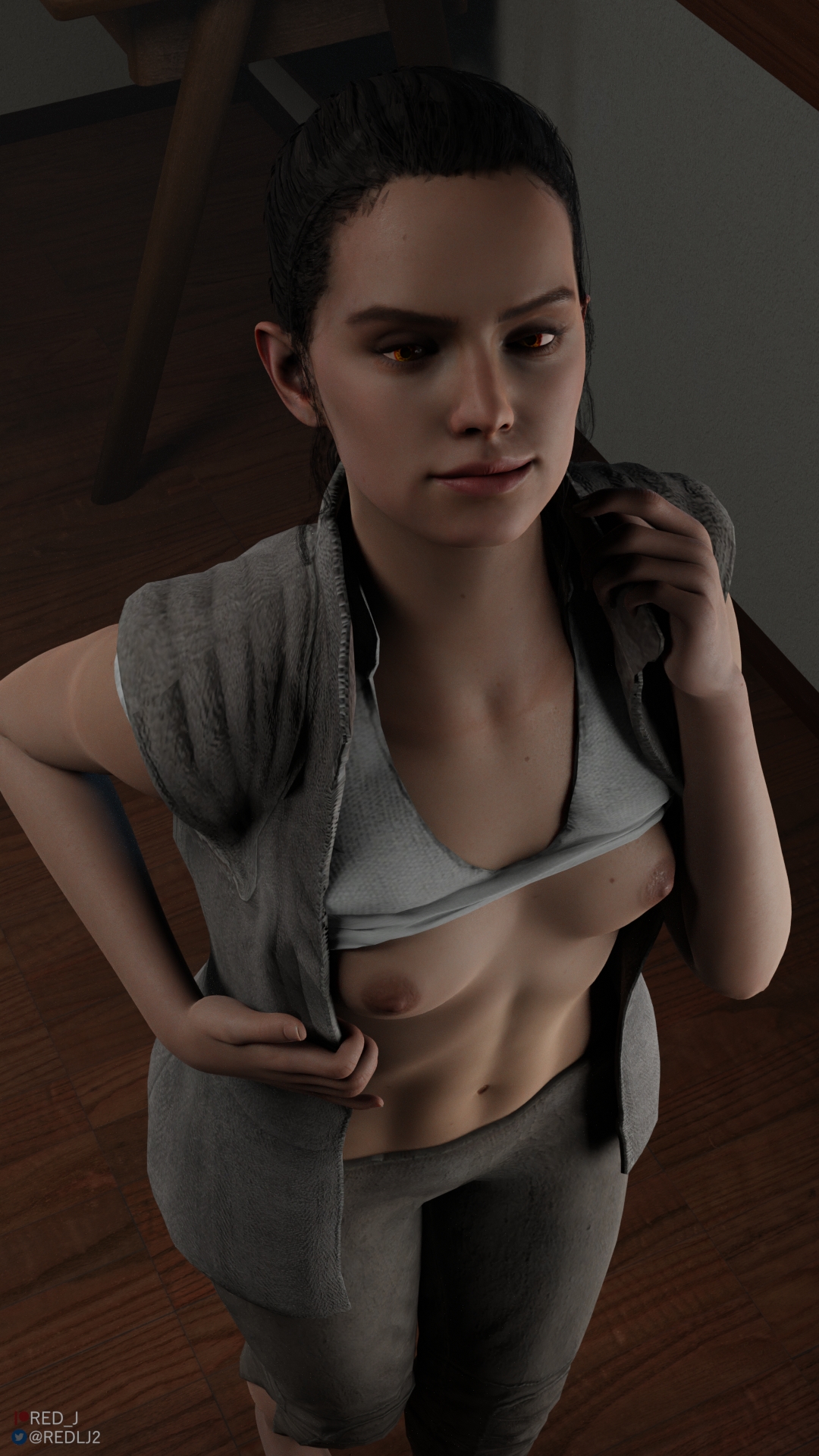 1girls, 3d, athletic, athletic female, black hair, blender (software), breasts, daisy ridley, female, female only, fit, fit female, high resolution, human, light skin, light-skinned female, looking at viewer, looking up, medium hair, open shirt, orange eyes, red lj, rey, small breasts, solo female, standing, star wars, tied hair