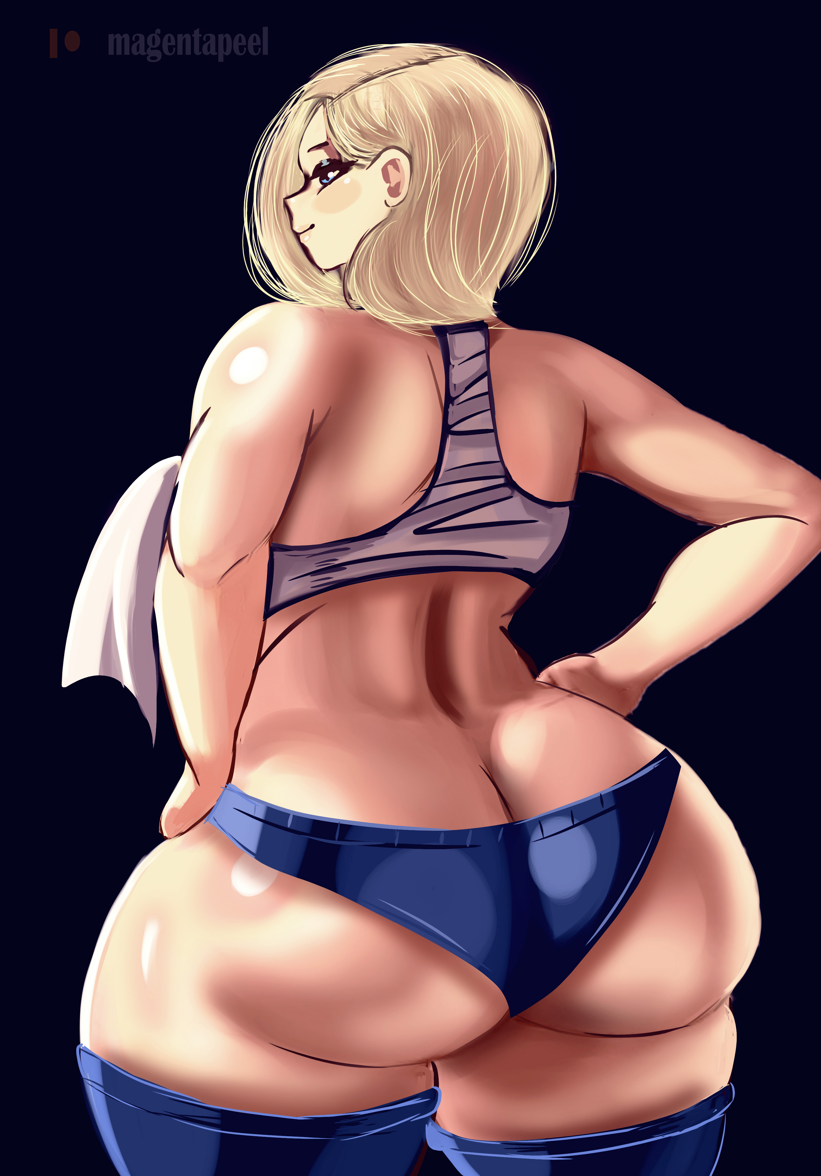 1girls, android 18, ass, ass too big, barely contained, barely contained ass, barely fits, big ass, big ass (female), big breasts, blonde hair, blue eyes, breasts, chubby, chubby female, dragon ball, dragon ball super, dragon ball z, drawing, female, female only, huge ass, huge ass (female), huge breasts, imminent wardrobe malfunction, large ass, large breasts, lingerie, magentapeel, milf, tight fit