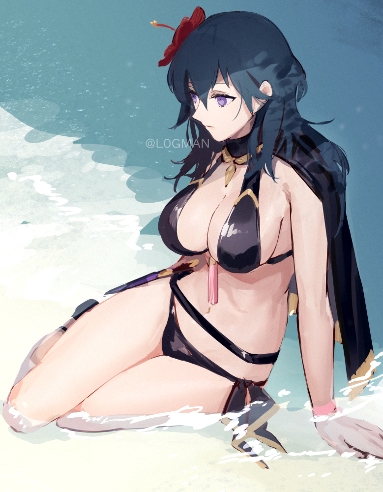 1girls alternate_costume beach bikini black_bikini black_capelet black_swimsuit blue_hair breasts byleth_(fire_emblem) byleth_(fire_emblem)_(female) capelet cleavage closed_mouth commentary expressionless female female female_only fire_emblem fire_emblem:_three_houses fire_emblem_heroes flower from_above full_body hair_between_eyes hair_flower hair_ornament hibiscus l0gman large_breasts long_hair navel nintendo ocean official_alternate_costume purple_eyes sitting solo stomach swimsuit thighs twitter_username water yokozuwari