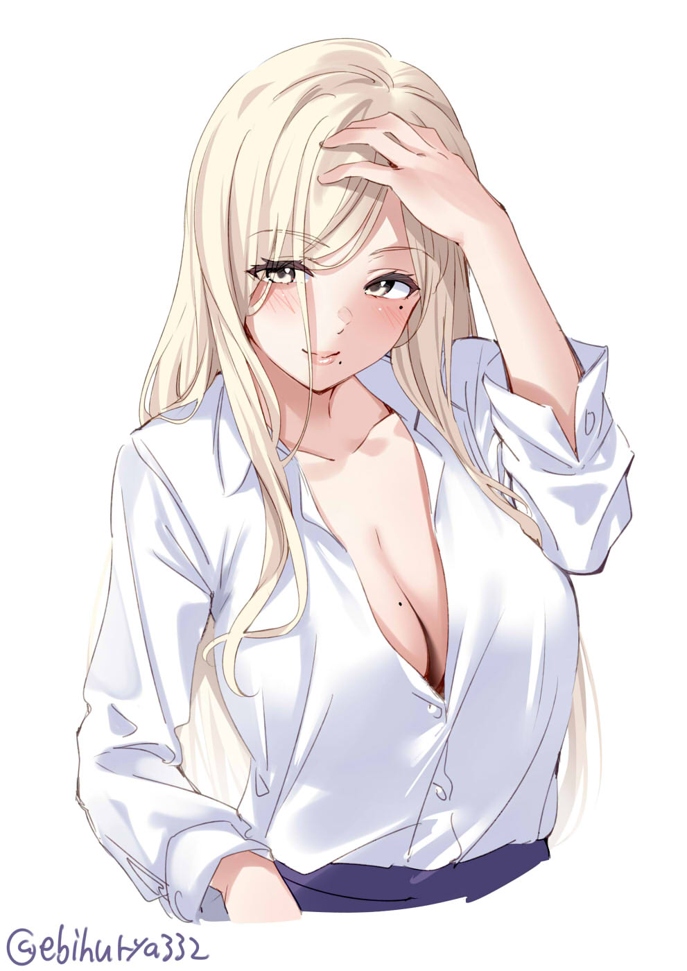 alternate costume, blonde hair, blue eyes, blush, breasts, cleavage, collarbone, cowboy shot, denim, ebifurya, eyebrows visible through hair, female, hair between eyes, highres, jeans, kantai collection, lips, long hair, long sleeves, looking at viewer, mature female, medium breasts, milf, mole, mole on breast, mole under eye, mole under mouth, no bra, official alternate costume, one-hour drawing challenge, open clothes, pants, richelieu (kantai collection), shirt, simple background, smile, solo, twitter username, white background, white shirt