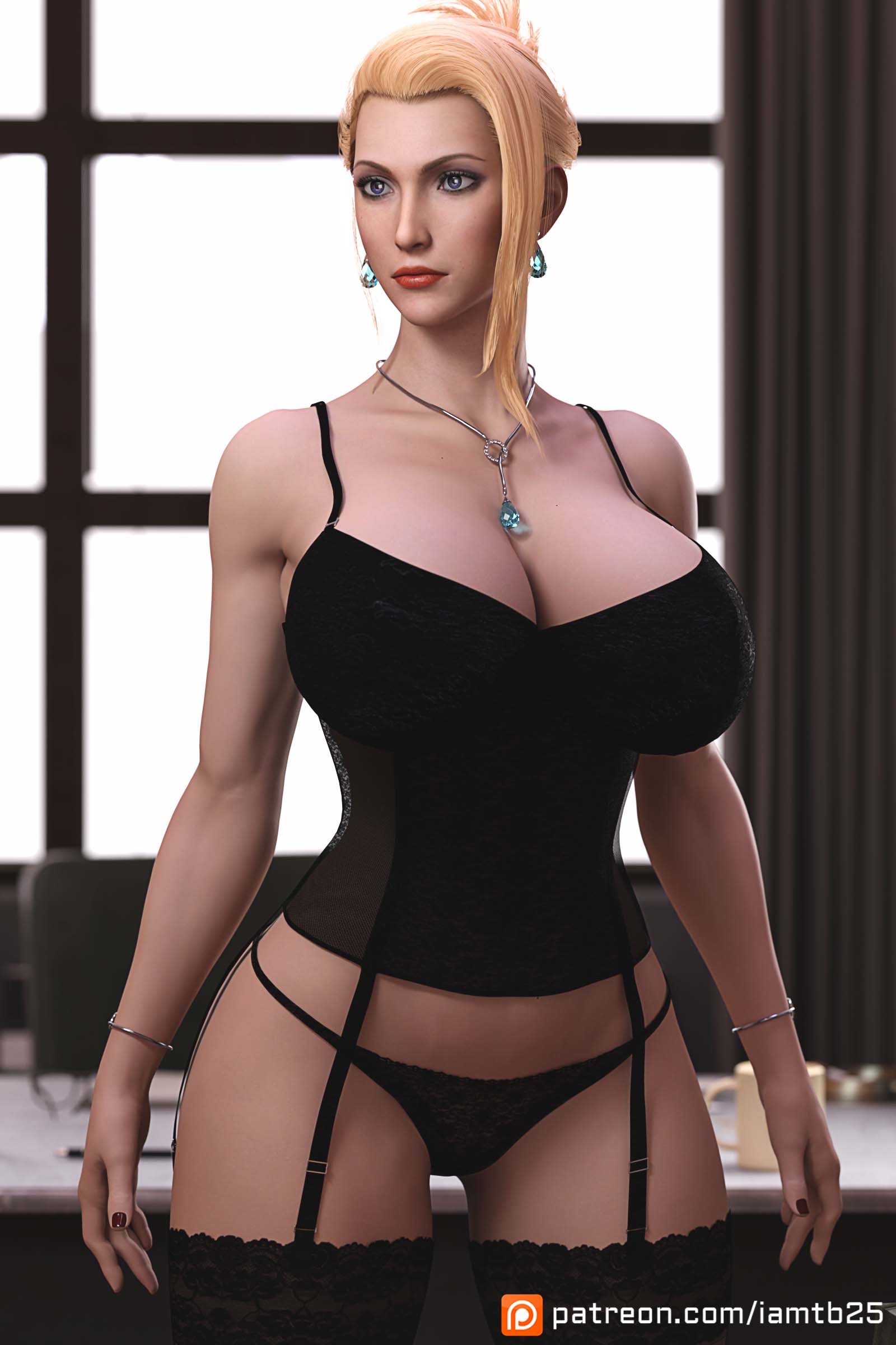 1girls, 3d, big breasts, black panties, blonde female, blonde hair, breasts, female, female only, final fantasy, final fantasy vii, final fantasy vii remake, leggings, lingerie, mature female, necklace, patreon username, scarlet (ffvii), solo female, tagme, tb25