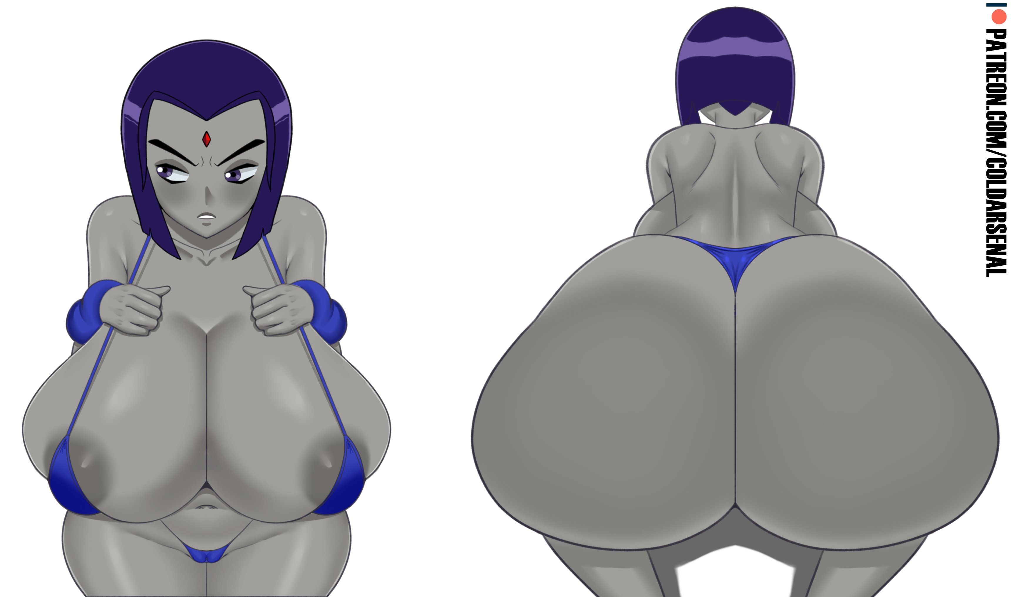 1girls, areola, areola slip, areolae, ass, backboob, big ass, big breasts, big butt, bikini, blush, breasts, coldarsenal, dc, dc comics, fat ass, female, female only, forehead jewel, huge ass, huge breasts, large areolae, large ass, large breasts, massive breasts, micro bikini, navel, nipple bulge, purple eyes, purple hair, rachel roth, raven (dc), short hair, simple background, solo, solo female, straight hair, teen titans, twitter source, white background