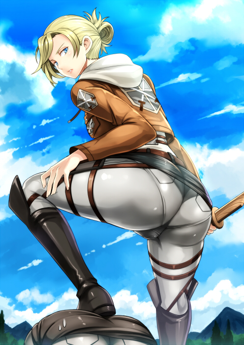 annie_leonhardt ass attack_on_titan blonde_hair blue_eyes boots butt clothed covr dat_ass hand_on_thigh panties_visible_through_clothing petite shingeki_no_kyojin tied_hair wedgie