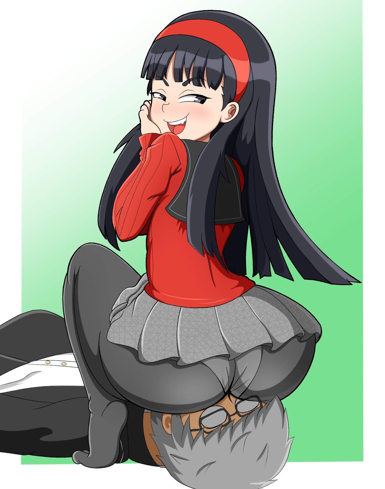 1boy, 1girls, amagi yukiko, ass, ass on face, atlus, big ass, black pantyhose, bubble butt, facesitting, female, light skin, light-skinned female, male, miniskirt, narukami yu, naughty face, panties, panties under pantyhose, pantyhose, persona, persona 4, protorepulsive, repulsiveproto, skirt, smirk, smirking, smug, smug face, squatting, upskirt