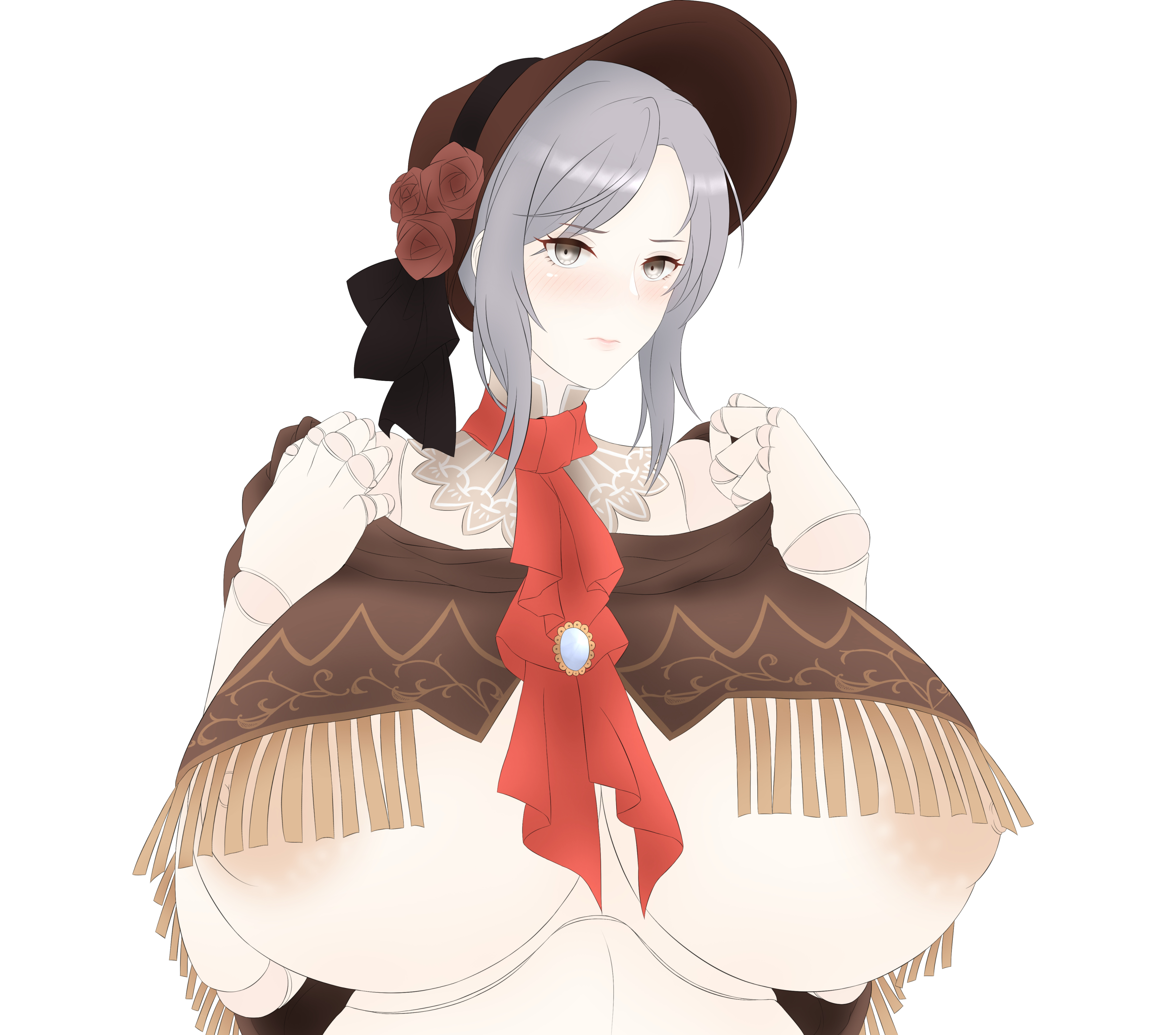 1girls, 2d, absurdres, ascot, bloodborne, blush, bonnet, breasts, doll, doll joints, embarrassed, female, female only, fringe trim, fromsoftware, grey eyes, highres, large breasts, lolita fashion, looking at viewer, mhaknow, nipples, plain doll, shawl, silver hair, simple background, solo, solo female, underboob, victorian, white background