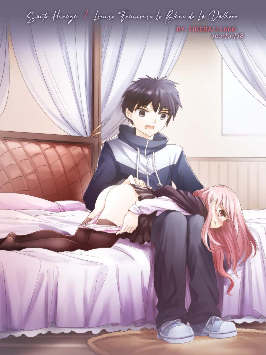 1boy 1girls bent_over_lap black_hair blush fireball_666 imminent_punishment imminent_spanking long_hair louise_francoise_le_blanc_de_la_valliere on_bed panties_down pink_hair punishment saito_hiraga spanking thighhighs