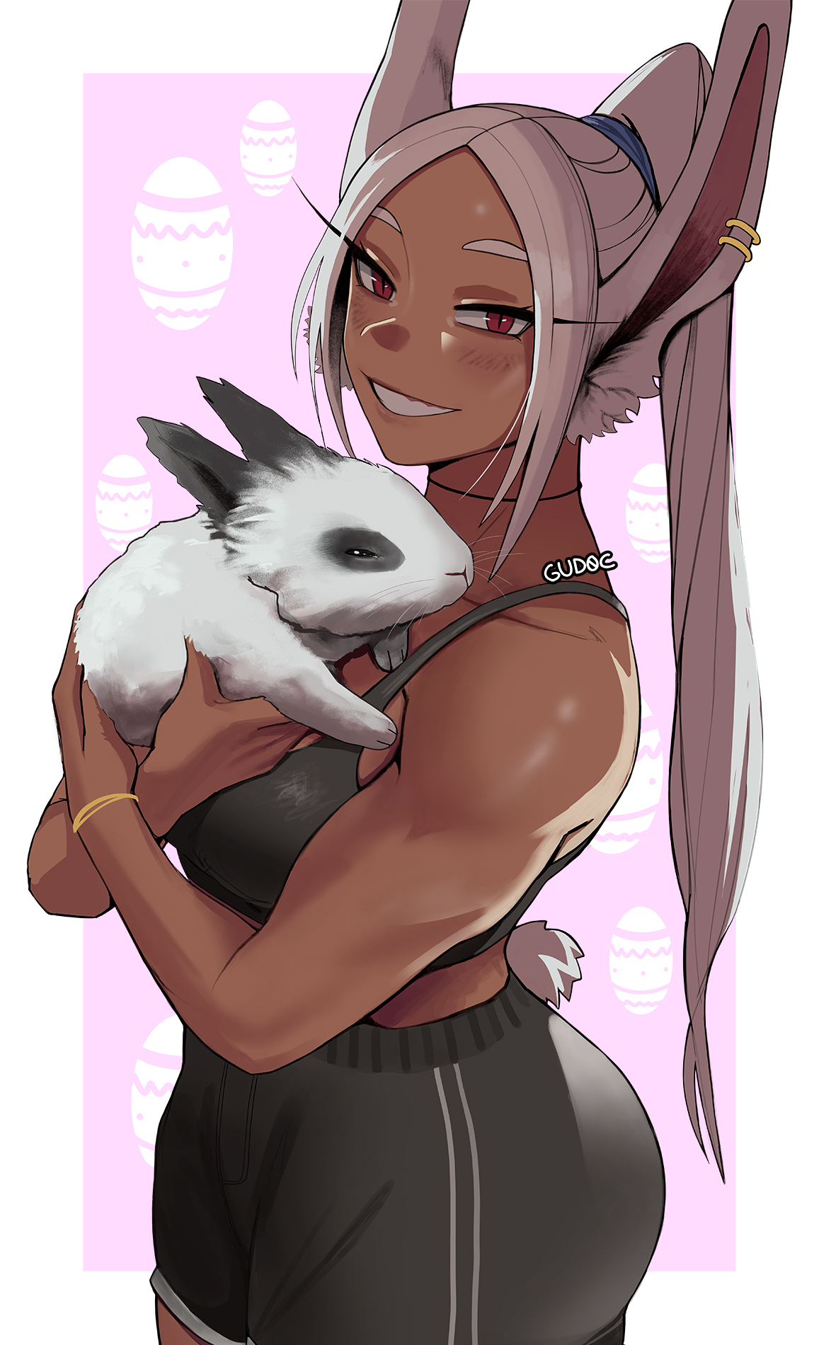 1girls, abs, ass, big ass, bunny ears, dark skin, dark-skinned female, female, fully clothed, gud0c, looking at viewer, miruko, muscular, muscular female, my hero academia, rumi usagiyama, solo, wholesome