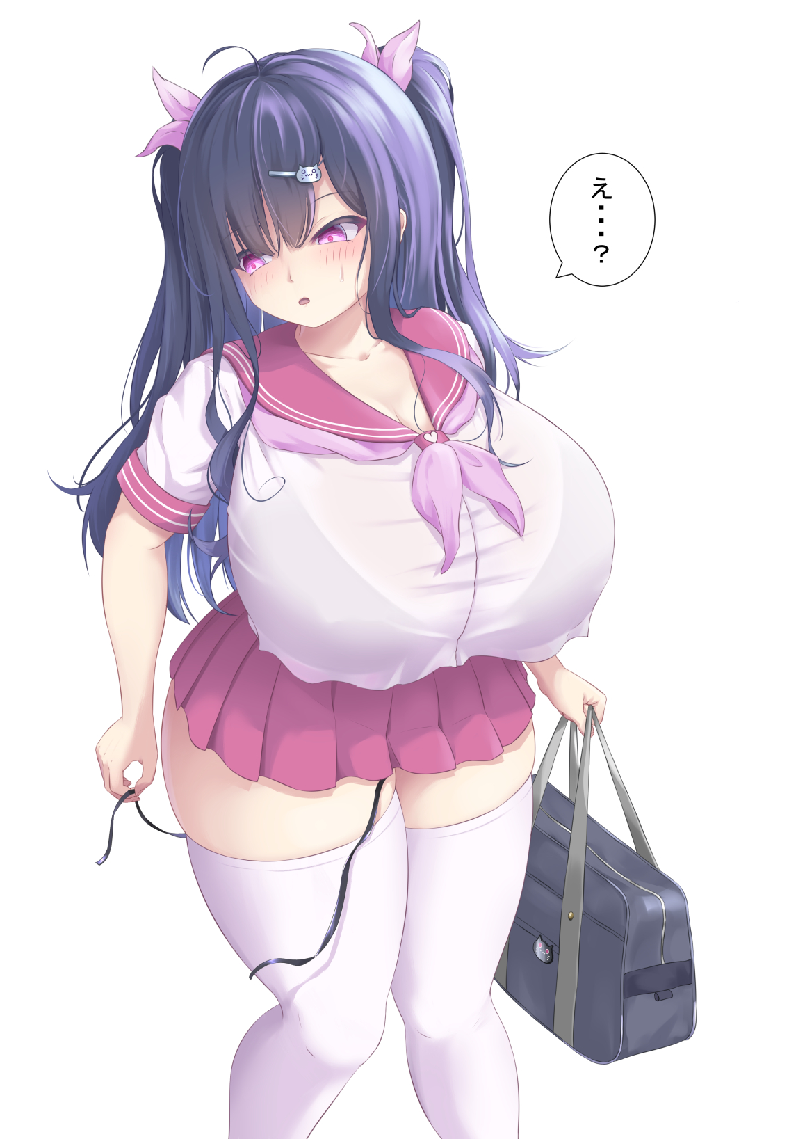 bag, bangs, black bra, black hair, blush, bra, bra visible through clothes, bralines, breasts, female, hair ribbon, highres, huge breasts, long hair, lv 249, original, panties, parted lips, pleated skirt, purple eyes, red sailor collar, red skirt, ribbon, sailor collar, school bag, school uniform, see-through, serafuku, shirt, side-tie panties, skirt, solo, speech bubble, standing, thighhighs, thighs, twintails, underwear, untied, untied panties, wet, wet clothes, wet shirt, white background, white shirt