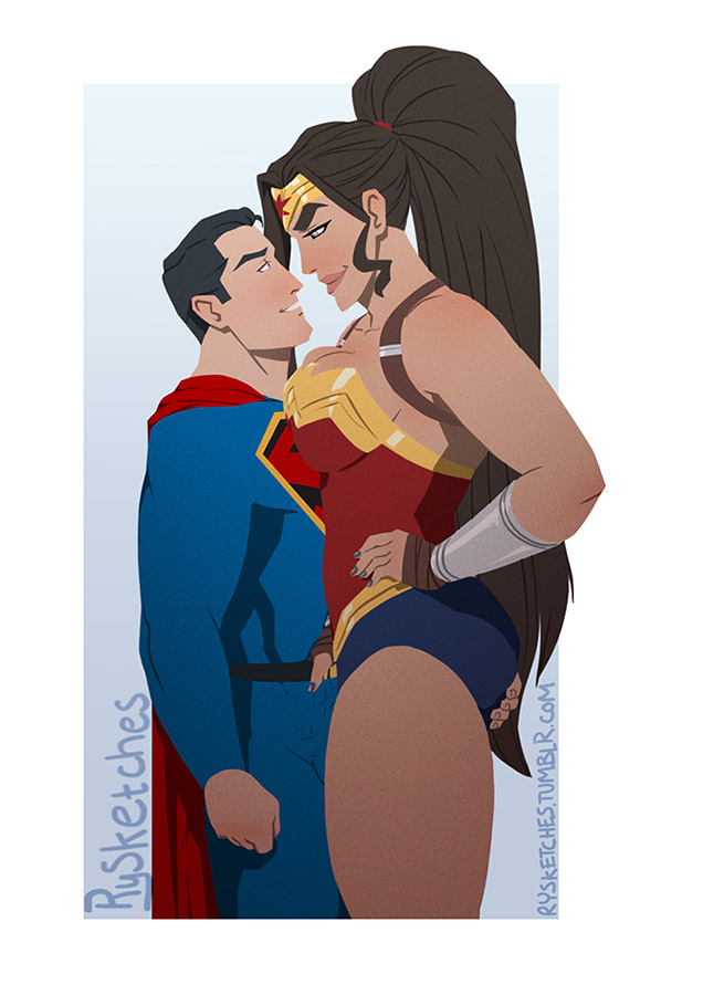 1boy, 1girls, ass, ass grab, clark kent, dc, dc comics, female, justice league, kal-el, looking down, male, rysketches, shorter male, smile, superman, superman (clark kent), superman (series), taller female, wonder woman, wonder woman (series)
