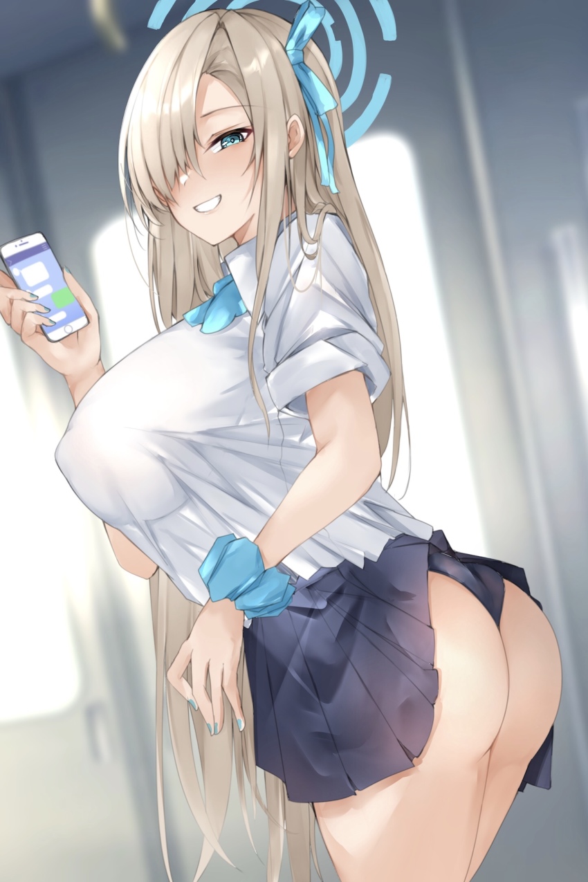 ass asuna_(blue_archive) black_panties blonde_hair blue_archive blue_eyes blue_nails blush hair_over_one_eye happy holding holding_phone large_ass large_breasts light_brown_hair looking_at_viewer miniskirt mutou_mame nipples_visible_through_clothing school_uniform schoolgirl short_sleeves skirt skirt_lift smiling thick_thighs thighs uncensored underwear very_long_hair white_shirt wrist_scrunchie