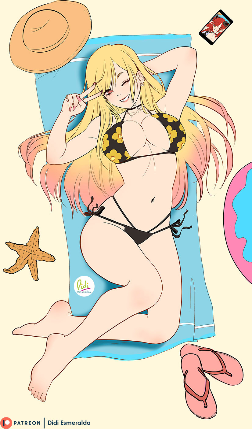 1girls, barefoot, beach, beach towel, bikini, blonde hair, breasts, choker, cleavage, didi esmeralda, feet, female, female only, gyaru, kitagawa marin, large breasts, long fingernails, long hair, lying on back, magenta eyes, peace sign, solo, sono bisque doll wa koi wo suru, wink