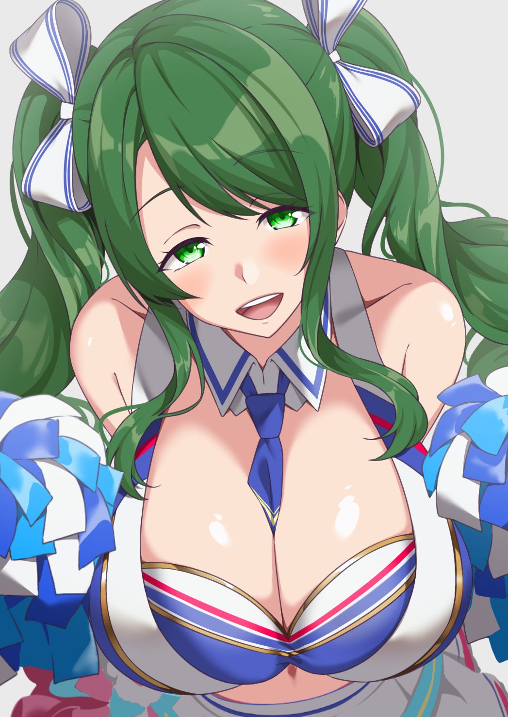 163_(shiromeshi) :d bangs bare_shoulders between_breasts blue_necktie blush breasts cheerleader cleavage collarbone commentary_request crop_top d4dj detached_collar eyebrows_visible_through_hair female green_eyes green_hair grey_background hair_ribbon hands_up head_tilt highres holding holding_pom_poms large_breasts leaning_forward long_hair looking_at_viewer midriff navel necktie necktie_between_breasts open_mouth pom_pom_(cheerleading) pom_poms ribbon shimizu_esora shirt sidelocks simple_background skirt sleeveless sleeveless_shirt smile solo standing striped striped_ribbon swept_bangs teeth twintails upper_body upper_teeth white_ribbon white_shirt white_skirt