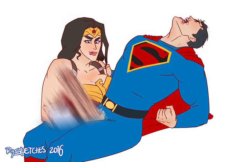 1boy, 1girls, black hair, cape, clark kent, cum, dc, dc comics, erection, female, femdom, handjob, head back, kal-el, long hair, male, open mouth, penis, penis out, rysketches, screaming, sitting, straight, superman, superman (clark kent), superman (series), tongue, tongue out, wonder woman, wonder woman (series)