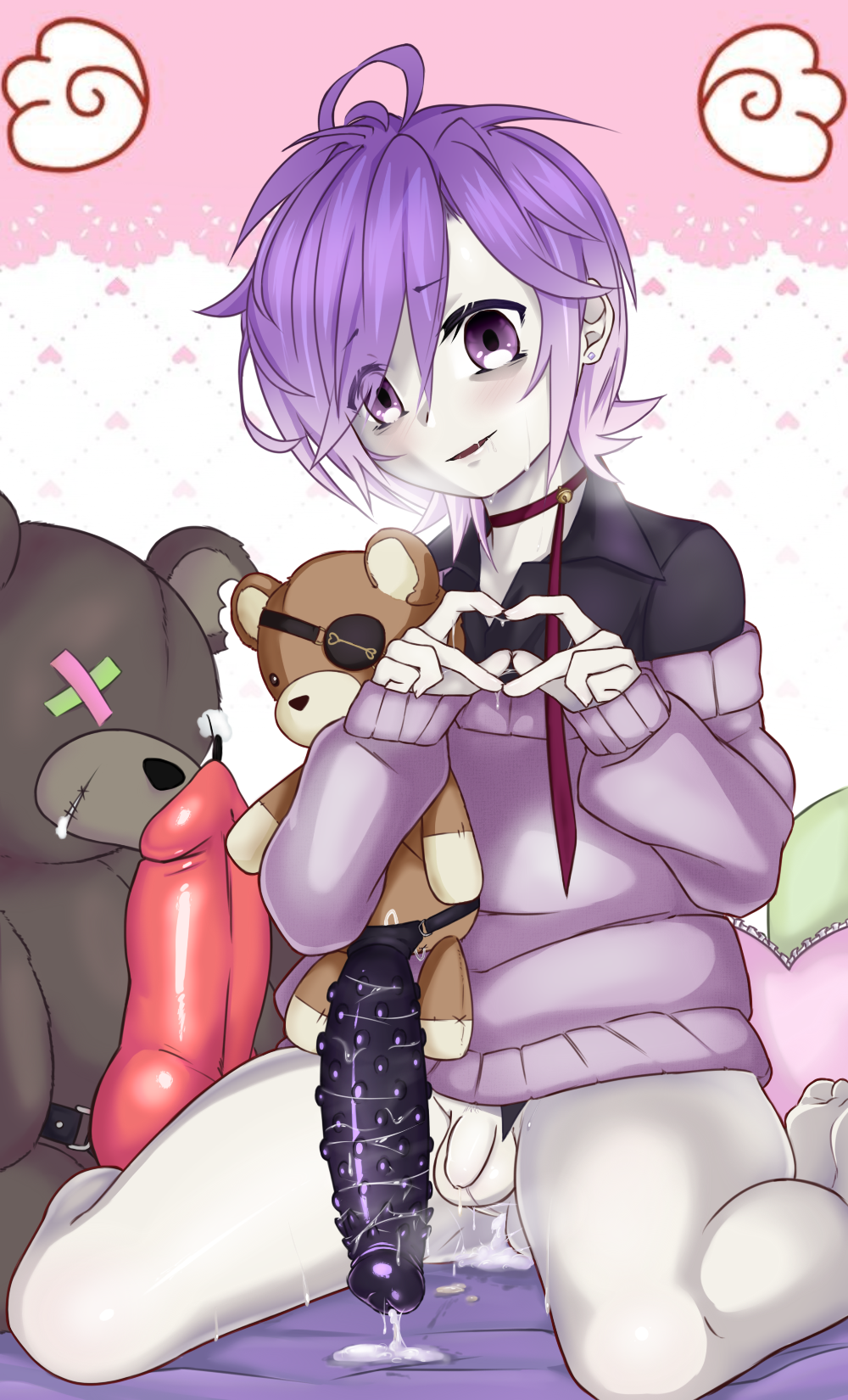 cum cum_in_ass diabolik_lovers dildo femboy gay greedmasterh looking_at_viewer male_only purple_hair sakamaki_kanato small_penis solo tagme