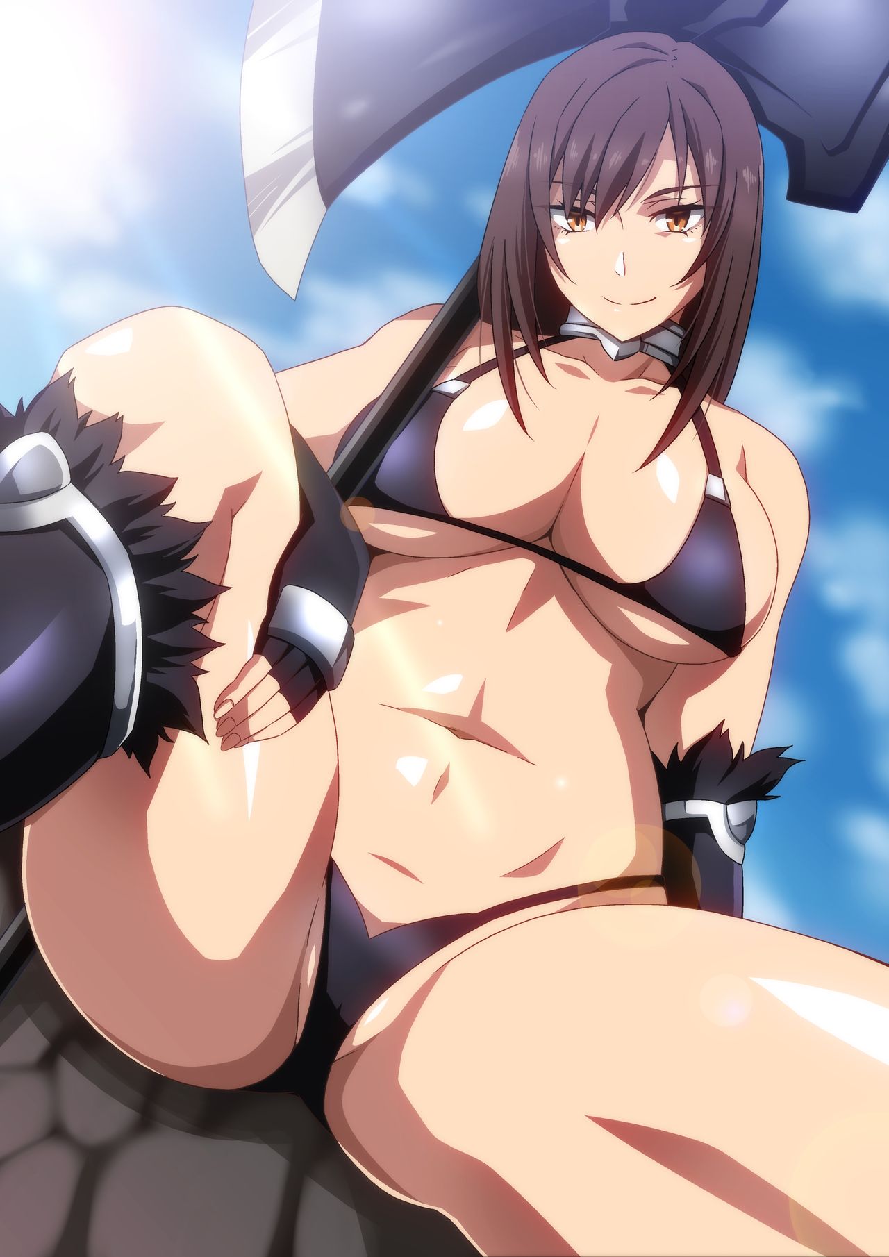 amber eyes, axe, beach, big breasts, bikini, black hair, blue sky, breasts, curvaceous, curvy, curvy body, curvy female, curvy figure, female, female only, fingerless gloves, gloves, hara (harayutaka), holding axe, holding object, human, light skin, light-skinned female, looking at viewer, original character, ribbon, sky, smile, solo, solo female, voluptuous, voluptuous female, white skin