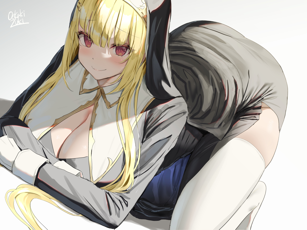 1girls, 2022, artist signature, ass, ass up, blonde hair, breasts, cleavage, female, female only, hips, huge ass, huge breasts, kneeling, leaning forward, long hair, naughty face, nun, nun outfit, nun's habit, oekakizuki, original, original character, red eyes, side slit, slim waist, smile, thick thighs, thighhighs, thighs, wide hips
