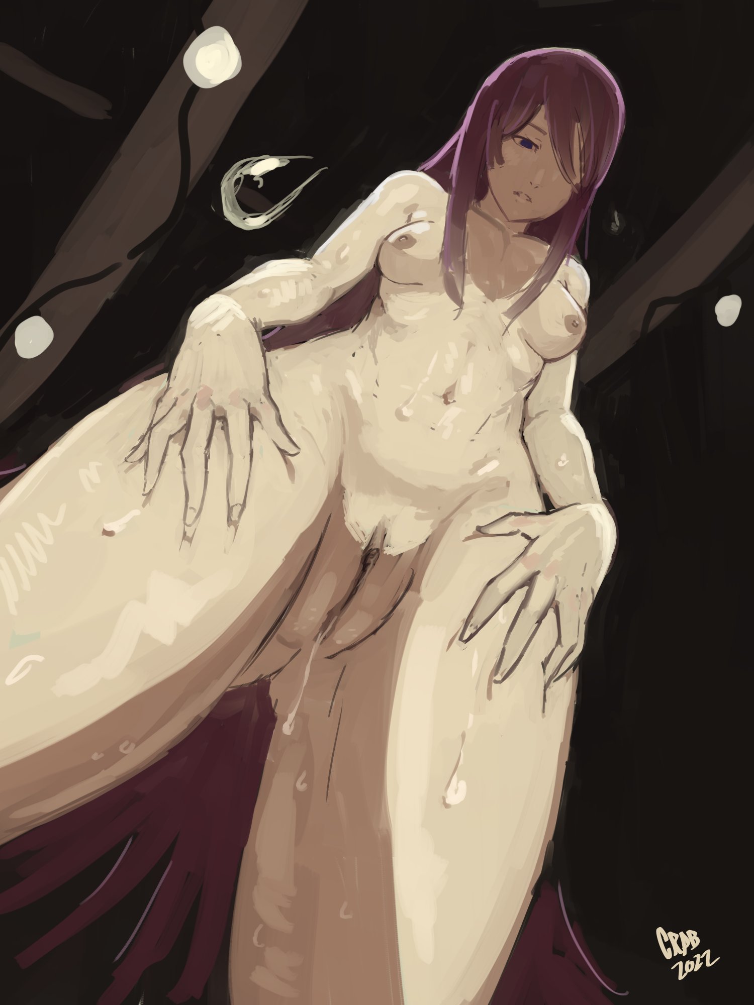 below view, breasts, crab (artist), female, long hair, monogatari (series), nude, purple hair, pussy, senjougahara hitagi, small breasts, wet