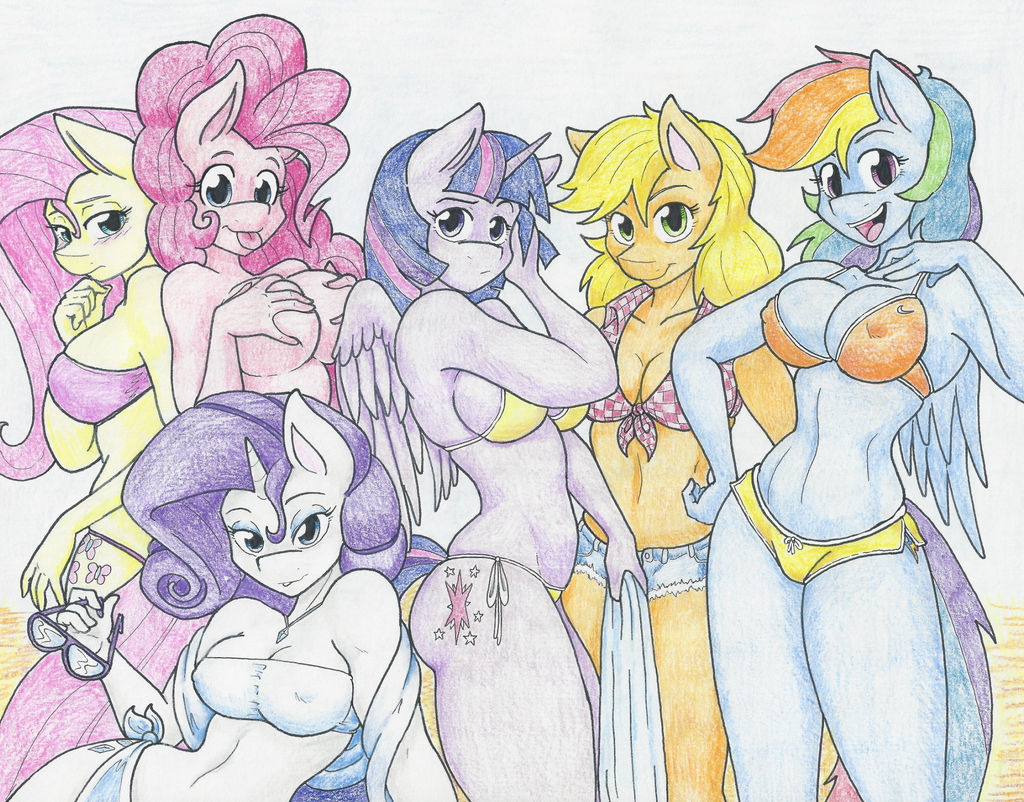 6girls applejack_(mlp) big_breasts bikini bikini_bottom bikini_top blue_body breast_grab female female_focus female_only flat_stomach flicker-show fluttershy_(mlp) looking_at_viewer my_little_pony navel nipple_bulge nude orange_body pink_body pinkie_pie_(mlp) purple_body rainbow_dash_(mlp) rarity_(mlp) short_shorts smooth_skin thick_thighs thin_waist tied_shirt twilight_sparkle_(mlp) white_body yellow_body