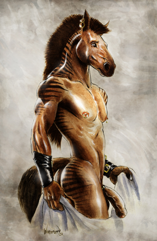 2000 accessory anthro armor ass bedding biped blanket bracers cock_ring ear_piercing ear_ring equid equine flaccid foreskin genitals half-erect horse humanoid_genitalia humanoid_penis hybrid jewelry male mammal nipple_piercing nipple_ring nipples nude penis penis_accessory penis_jewelry piercing pinup pose roan_(color) simple_background solo stripes vein veiny_penis werepuppy white_background zebra zebroid zorse