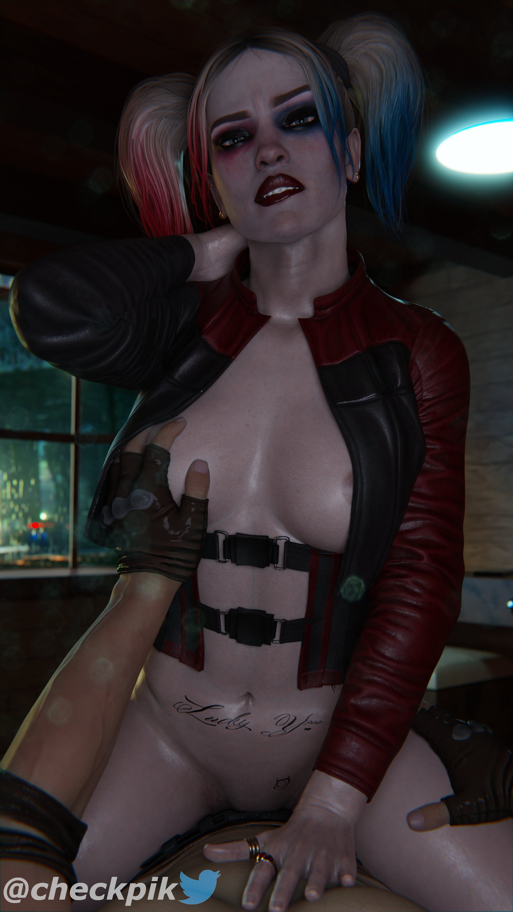 1boy, 1girls, 3d, abs, areolae, batman (series), biting lip, blonde hair, blue eyes, blue highlights, bottomless, breast grab, breasts, checkpik, cowgirl position, dc, dc comics, earrings, eyeshadow, faceless male, female, female focus, fingerless gloves, harley quinn, harley quinn (injustice), highres, injustice 2, jacket, large breasts, lipstick, looking at viewer, makeup, male, navel, pale skin, pink highlights, pov, ring, sex, solo focus, straight, tattoo, twintails
