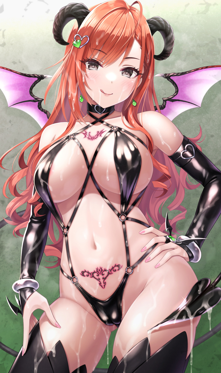 arisugawa_natsuha bangs bare_shoulders bikini black_bikini black_choker black_legwear blush breasts brown_eyes bukkake cameltoe choker collarbone cowboy_shot cum demon_horns demon_wings detached_sleeves earrings eyebrows_visible_through_hair facial female hair_ornament hairclip hand_on_hip hand_on_own_thigh heart heart_hair_ornament highres horns idolmaster idolmaster_shiny_colors jewelry large_breasts long_hair looking_at_viewer micro_bikini nail_polish navel orange_hair parted_lips pink_nails pubic_tattoo sideboob sling_bikini smile solo standing stomach swept_bangs swimsuit tattoo thighhighs urabi_(tomatohouse) very_long_hair wings