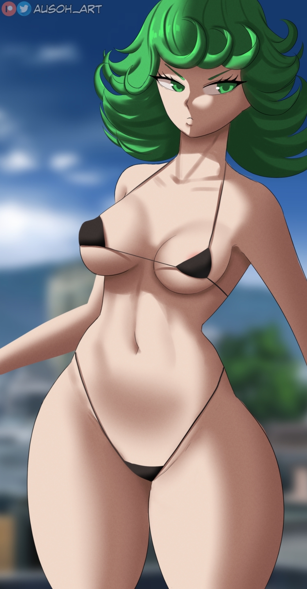 1girls, ausoh, bikini, breasts, female, female only, green eyes, green hair, micro bikini, one-punch man, short hair, small breasts, solo, solo female, standing, tatsumaki, thick thighs, thong, wide hips