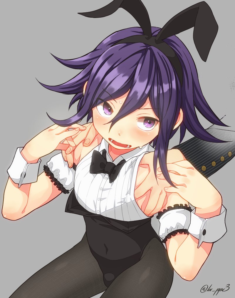 2boys bulge bunny_ears danganronpa danganronpa_v3 femboy iberico light_skin male male_focus male_only ouma_kokichi purple_eyes purple_hair saihara_shuuichi solo_focus straight_hair