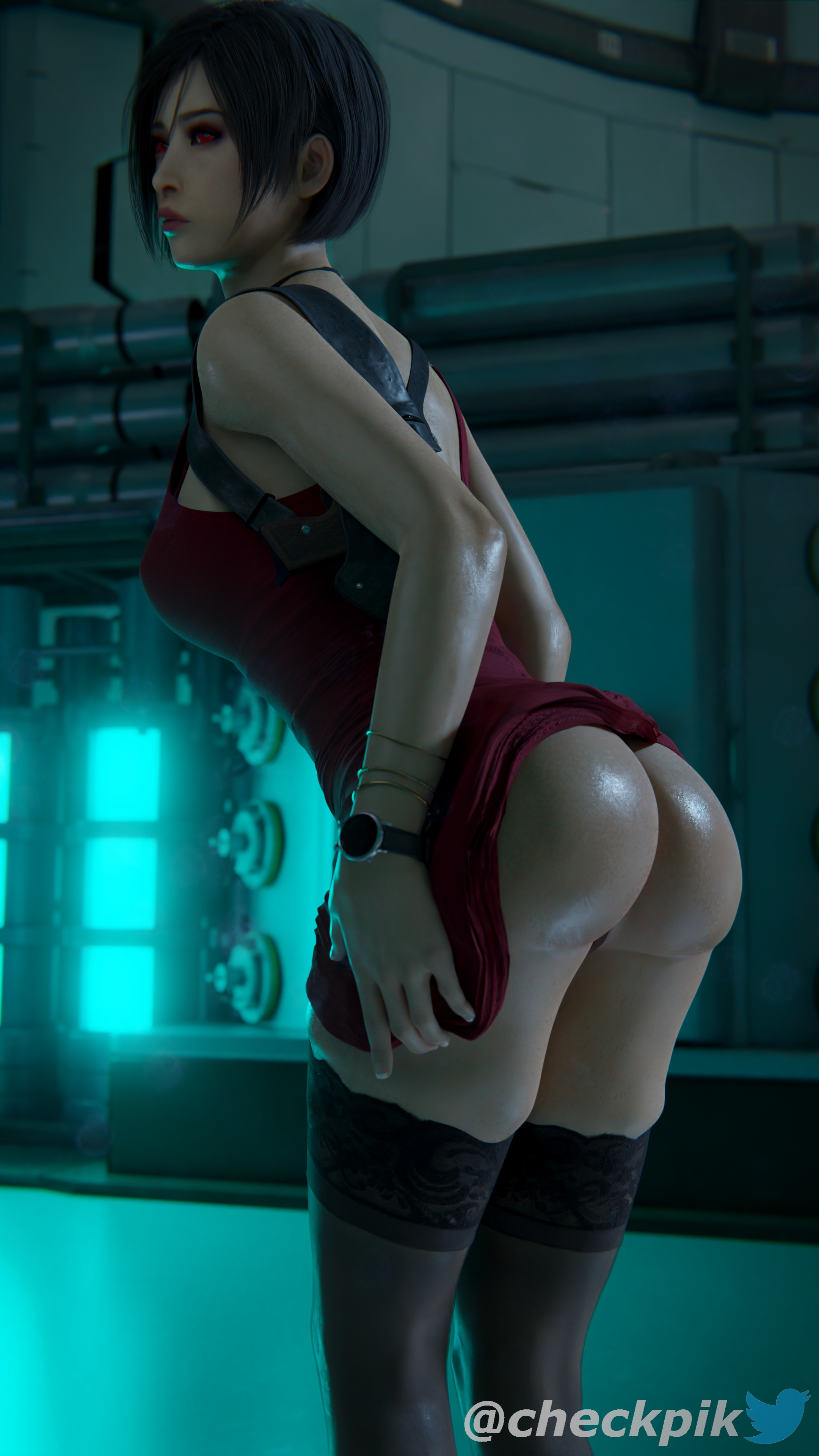 1girls, 3d, ada wong, ada wong (adriana), alternate eye color, ass, back view, big ass, black hair, bob cut, bracelet, capcom, checkpik, dress lift, female, female only, holster, looking back, red eyes, resident evil, resident evil 2, resident evil 2 remake, short hair, side view, solo, thick thighs, thighhighs, watch, wet skin