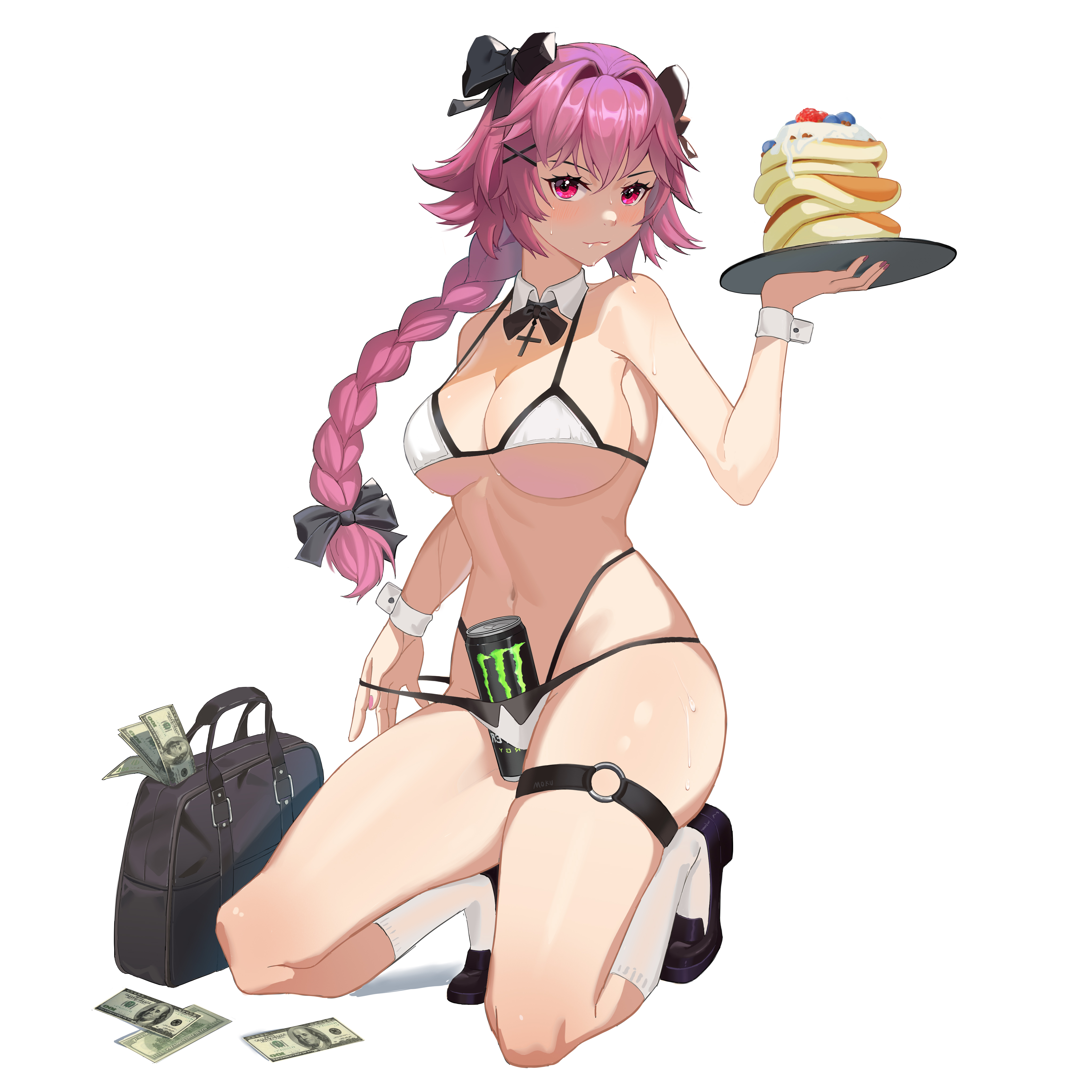 0x00000050, 1:1, 1girls, 2022, 2d, absurd res, armpits, astolfo (fate), astolfo monster cosplay (meme), bag, bikini, bikini pull, blush, bow, braid, breasts, cleavage, dollar bills, fangs, fate (series), fate/apocrypha, fate/grand order, female, female only, food, full body, genderswap, genderswap (mtf), hair ribbon, hairclip, highres, holding tray, kneeling, large breasts, long hair, long ponytail, matching hair/eyes, money, money bag, monster energy, navel, pancake, pink eyes, pink hair, ponytail, pulled by self, ribbon, rule 63, sandals, simple background, single braid, skindentation, smile, socks, solo, sweat, swimsuit, teeth, thick thighs, thigh strap, thighs, tied hair, tray, underboob, very long hair, white background, white bikini