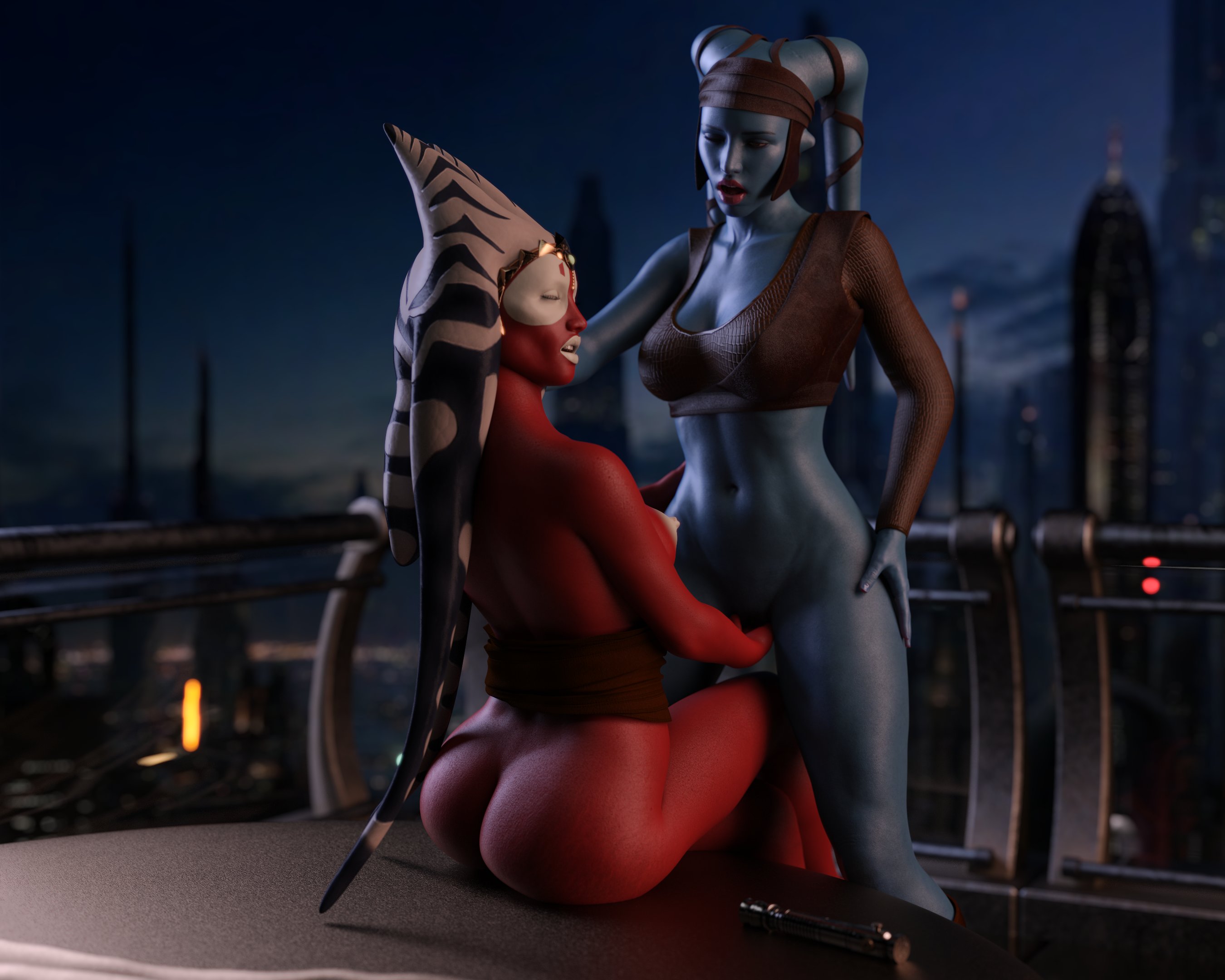 2girls, 3d, aayla secura, alien, alien girl, ass, athletic, athletic female, big ass, big breasts, blue skin, bottomless, breasts, drinkerofskies, female, female only, female protagonist, fit, fit female, functionally nude, indoors, interspecies, jedi, large ass, large breasts, large penis, lekku, lekku (anatomy), lightsaber hilt, montrals, mouth open, penis, shaak ti, star wars, togruta, twi'lek, white lips, yuri