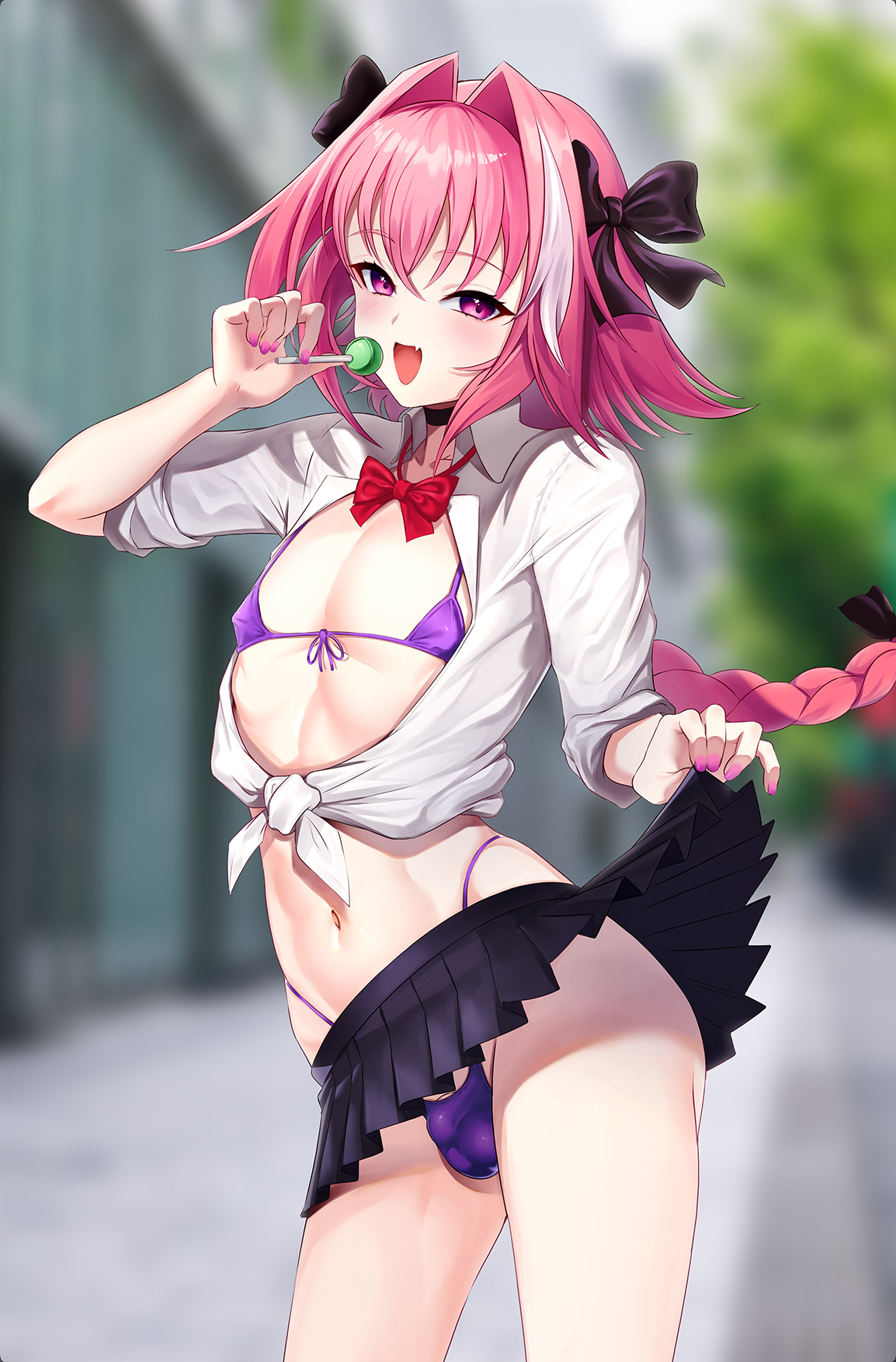 1boy, 2022, aka syakkou, astolfo (fate), balls, balls bulge, bare arms, bikini, blurry, blurry background, bow, bowtie, braid, bulge, clothing, eyebrows visible through hair, fangs, fate (series), fate/grand order, femboy, food, front-tie bikini, gyaru, hair between eyes, hair ribbon, highleg bikini, highlights, highres, holding lollipop, lifted by self, lollipop, long hair, long ponytail, looking at viewer, male, male only, matching hair/eyes, micro bikini, midriff, miniskirt, nail polish, navel, open mouth, outdoors, panties, panty bulge, penis, penis in panties, pink eyes, pink hair, pink nails, purple bikini, purple panties, revealing clothes, ribbon, school uniform, shirt, single braid, skirt, skirt lift, smile, smug, solo, standing, string bikini, swimsuit, teasing, thighs, thong, thong bikini, tied hair, tied shirt, tongue, trap, underwear, very long hair, white highlights
