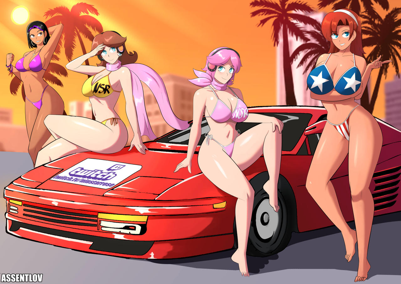 4girls alternate_breast_size assentlov auburn_hair barefoot bikini black_hair brown_hair candy_suxxx car character_request copyright_request crossover feet female_only ferrari_testarossa grand_theft_auto:_vice_city huge_breasts large_breasts looking_at_viewer mario_(series) mercedes_cortez multiple_girls nintendo pink_hair princess_daisy sitting_on_car smiling_at_viewer