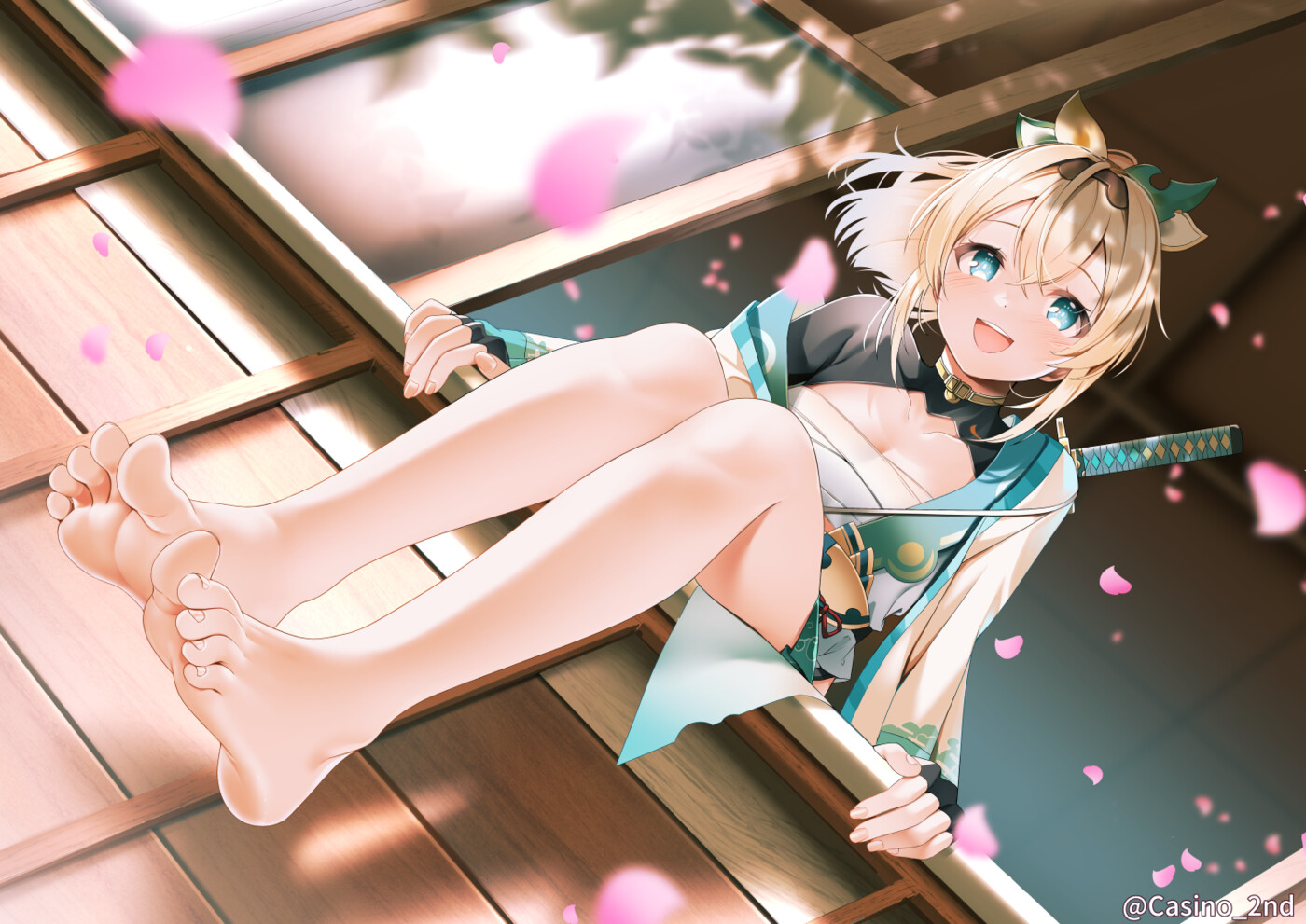 barefoot, blonde hair, casino (casinoep), feet, female, foot fetish, foot focus, haori, hololive, hololive japan, holox, kazama iroha, looking at viewer, sarashi, smile, soles, solo, sword, toes, virtual youtuber