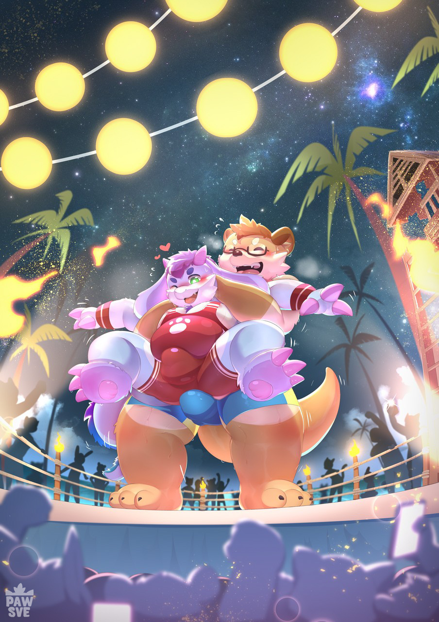 2022 anthro blush brown_body bulge cellphone closed_eyes detailed_background dragon duo_focus eyewear fighting_ring glasses group hi_res lutrine male male/male mammal mustelid night overweight pawsve phone smartphone wrestling_singlet young