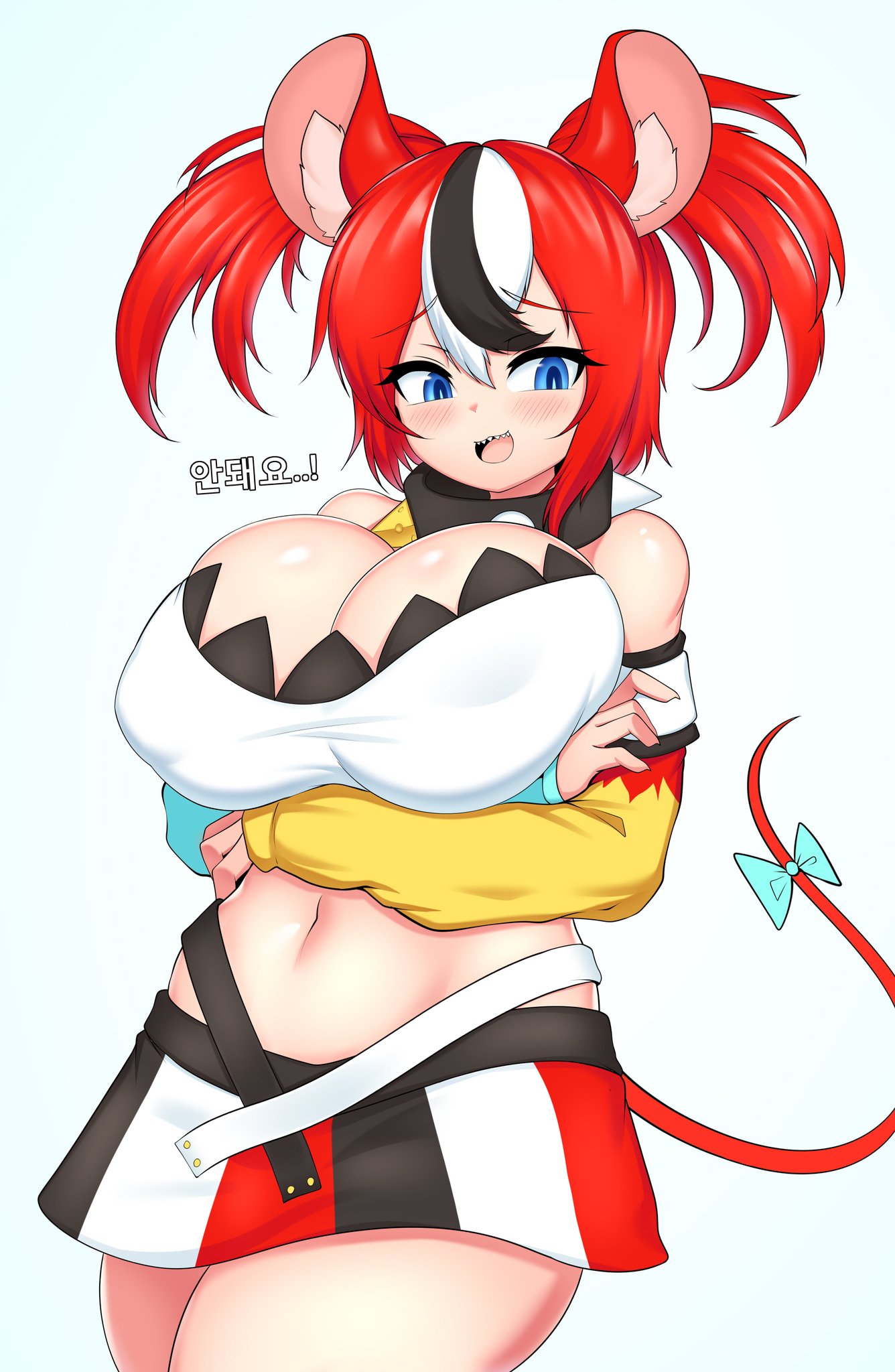 1girls, big breasts, blush, breasts, clevage, female, hakos baelz, hakos baelz (1st costume), hololive, hololive english, hololive english -council-, hololive english -promise-, huge breasts, nipple bulge, nipples visible through clothing, open mouth, tailzkim, thick thighs, virtual youtuber