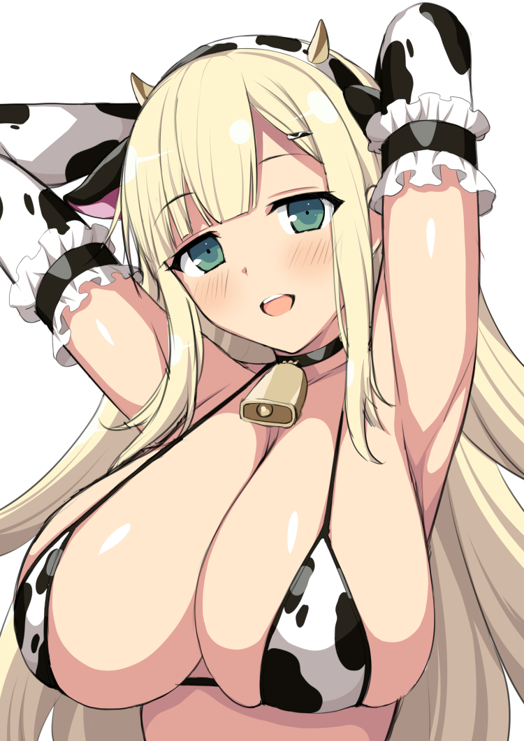animal ears, animal print, armpits, arms behind head, arms up, bangs, bare shoulders, bell, bikini, blush, breasts, cleavage, collar, collarbone, cow ears, cow horns, cow print, cowbell, elbow gloves, fake animal ears, female, gloves, horns, horosuke (toot08), large breasts, long hair, looking at viewer, marvelous, open mouth, senran kagura, smile, solo, swimsuit, white bikini, white gloves, yomi (senran kagura)