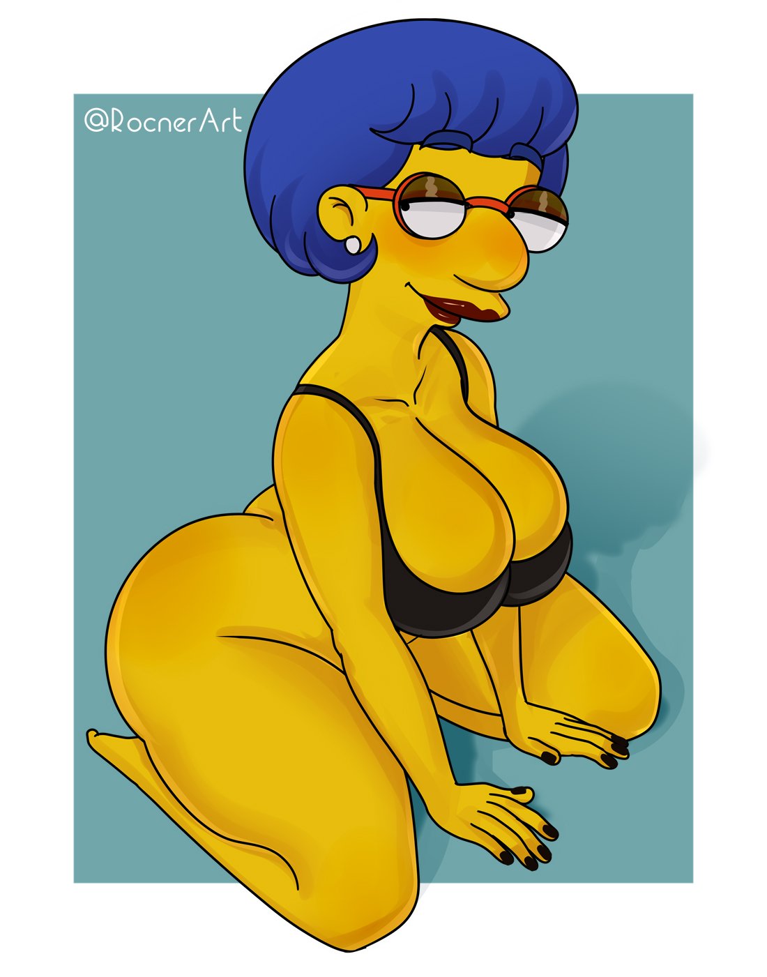 1girls big_breasts blue_hair bra female female_focus female_only glasses luann_van_houten mature_female milf mother on_knees rocner the_simpsons thick_thighs wide_hips yellow_skin