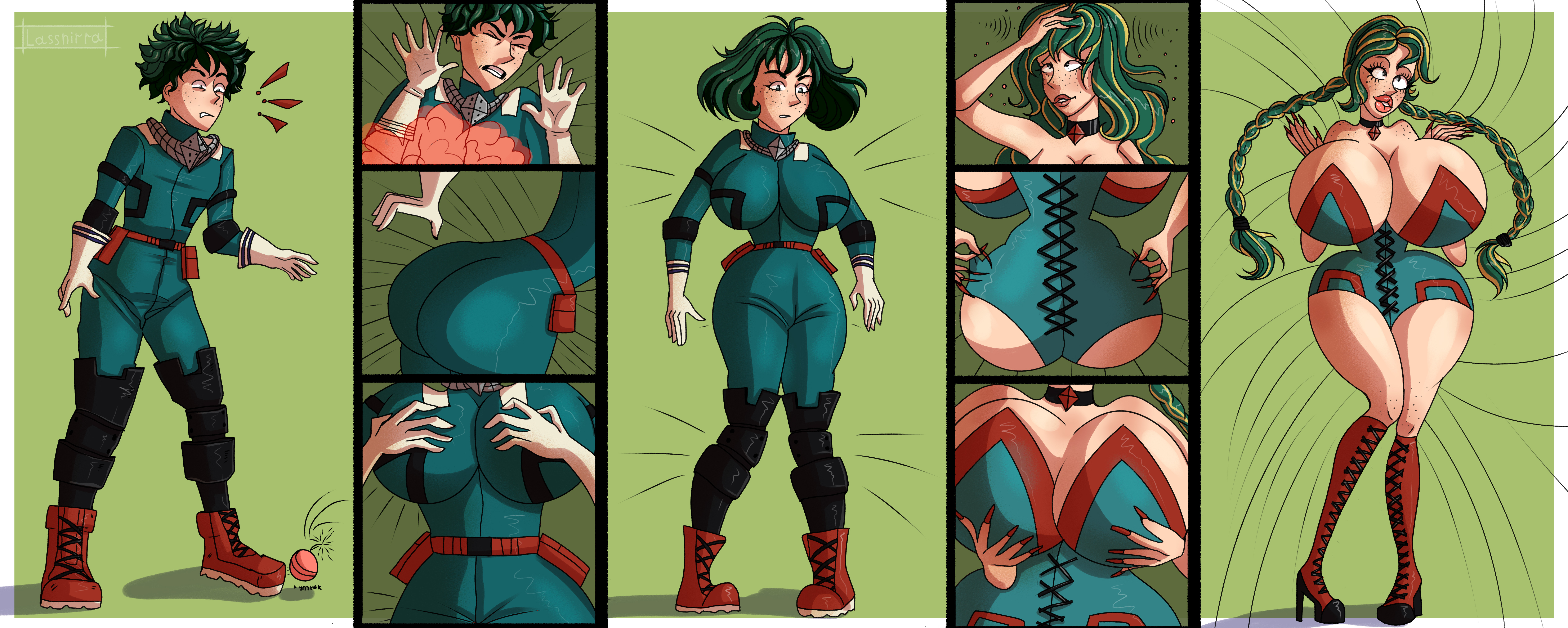 ass, ass expansion, bimbo, bimbofication, brain drain, brainwashing, breast expansion, breast growth, breast growth (enlargement), breasts, covered navel, female, female deku, gender transformation, genderswap, genderswap (mtf), hair color change, hair growth, high heels, huge ass, huge breasts, identity death, izuku midoriya, knee boots, lassnirra, leotard, lip expansion, mtf transformation, my hero academia, nipples, rule 63, shounen jump, thick lips, thick thighs, thigh expansion, transformation, transformation sequence, wide hips