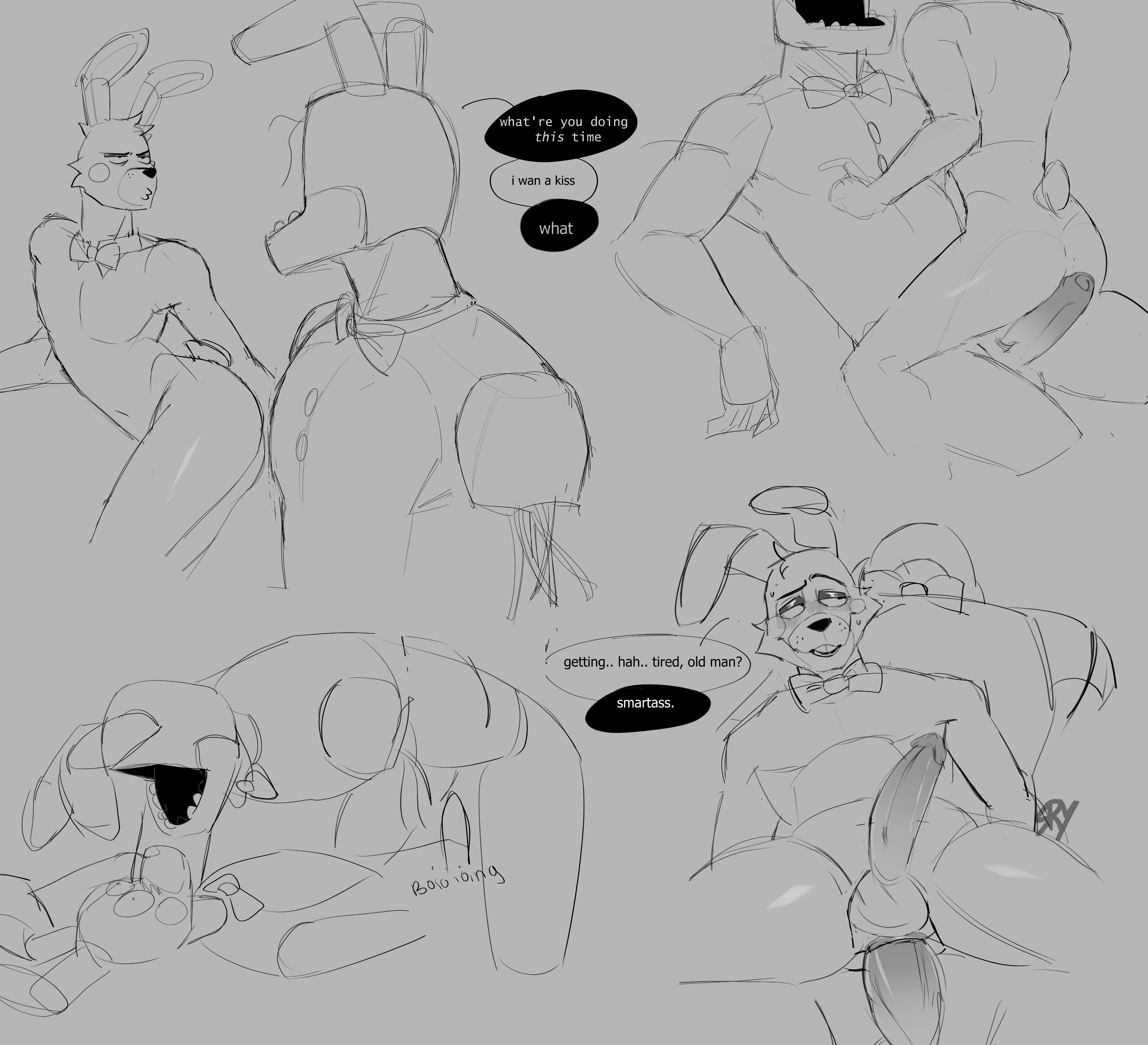 2boys, anal, anal sex, animatronic, anthro, anus, ass, balls, barefoot, blush, bonnie (fnaf), bonniextoybonnie, buckteeth, cum, cum in ass, cum inside, cum on penis, cum string, erection, five nights at freddy's, five nights at freddy's 2, from behind, fur, gay, long ears, looking back, lying, male, male only, mammal, no color, nude, on side, open mouth, penetration, penis, rabbit, robot, sex, size difference, sketch, toy bonnie (fnaf), veiny, veiny penis, video games, withered bonnie, yaoi