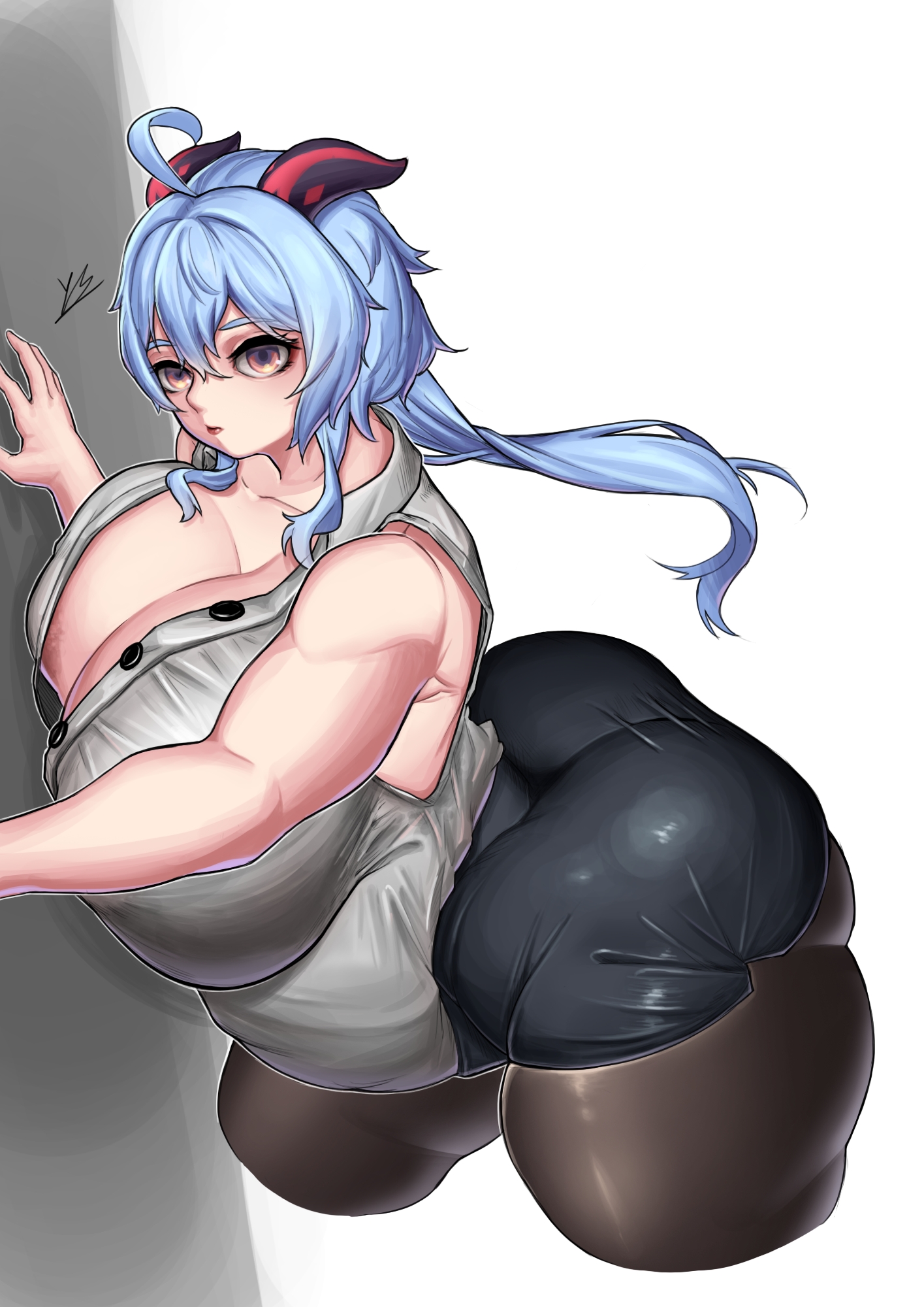areola slip, areolae, ass, bangs, bare shoulders, big belly, blue hair, breasts, cleavage, collared shirt, curvy, fat, fat rolls, female, ganyu (genshin impact), genshin impact, gigantic breasts, goat horns, grey shirt, highres, horns, huge ass, impossible clothes, impossible skirt, long hair, looking at viewer, mint2134, office lady, pantyhose, partially unbuttoned, pencil skirt, plump, purple eyes, shirt, simple background, skirt, sleeveless, sleeveless shirt, solo, thick thighs, thighs, yeowasae