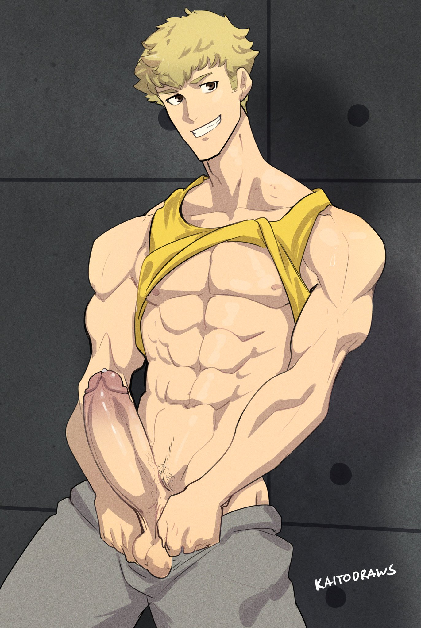 blonde hair, brown eyes, colored, erect penis, erection, kaito draws, male, male only, muscular, penis, persona, persona 5, posing, ryuji sakamoto, smile, smiling, uncensored, yellow hair, yellow shirt